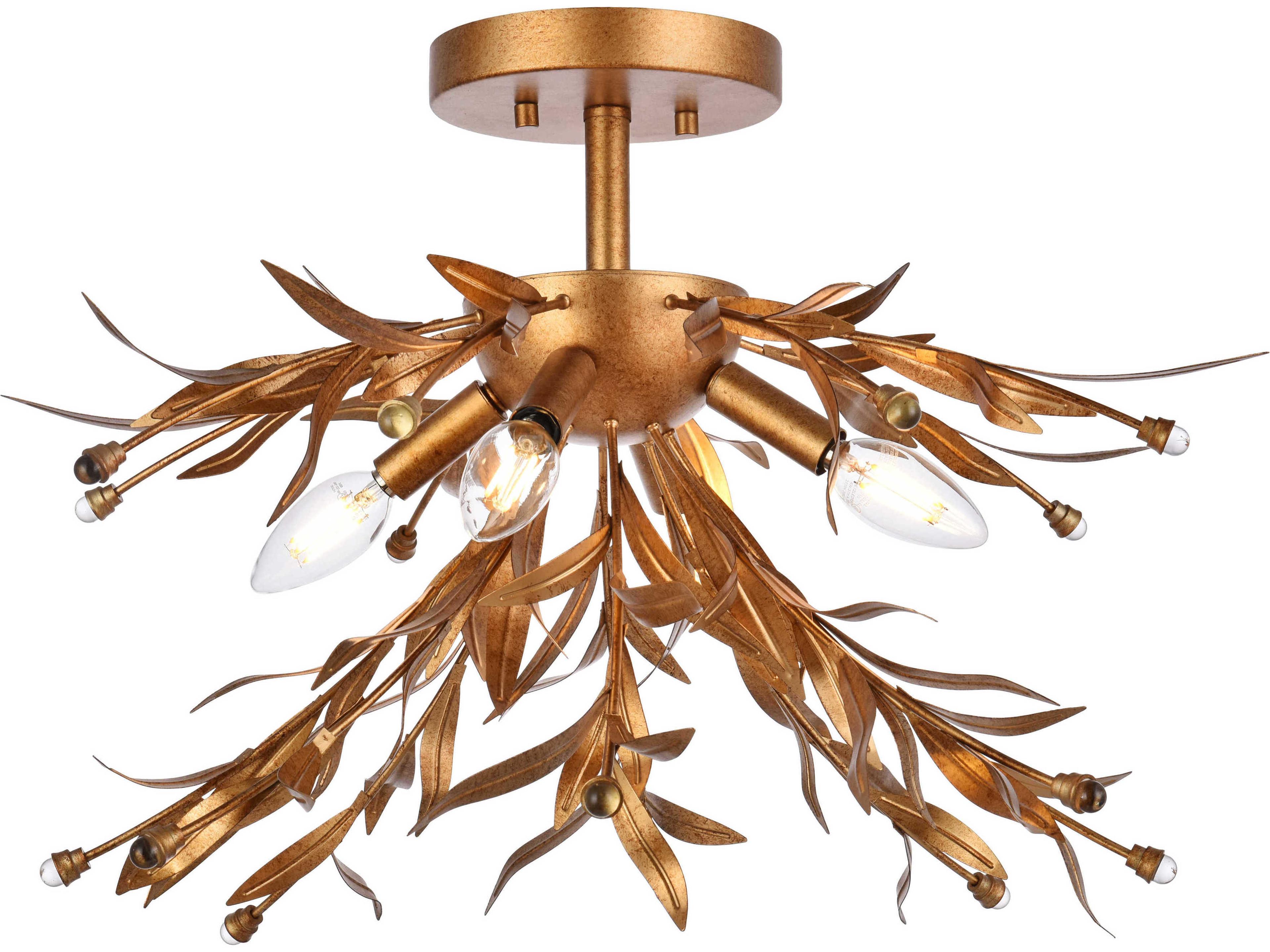 Elegant Lighting Priscilla 4-Light Gold Leaf Crystal Semi Flush Mount