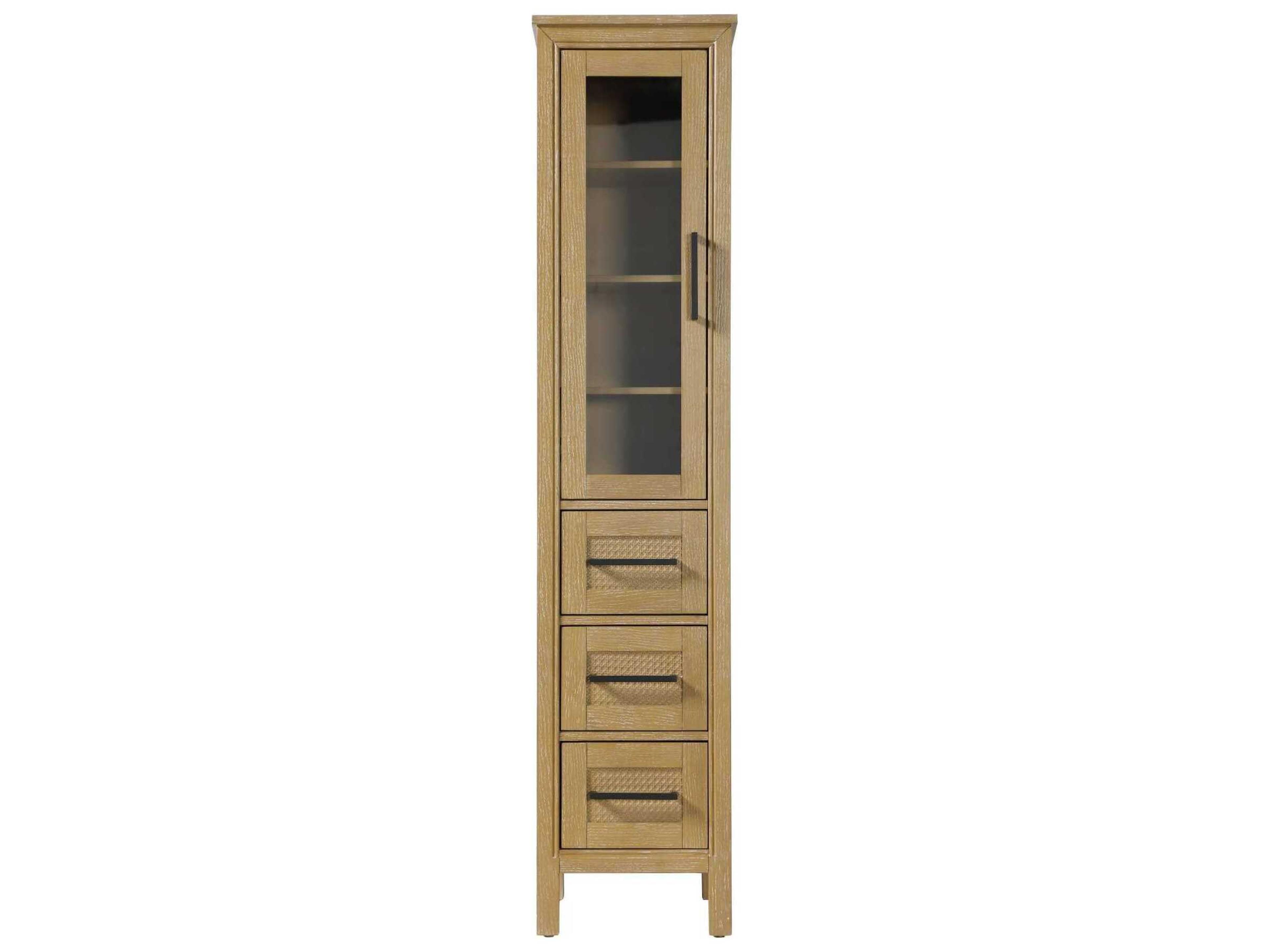 Alina Linen Oak Brown Rubberwood Bath Storage Glass Cabinet