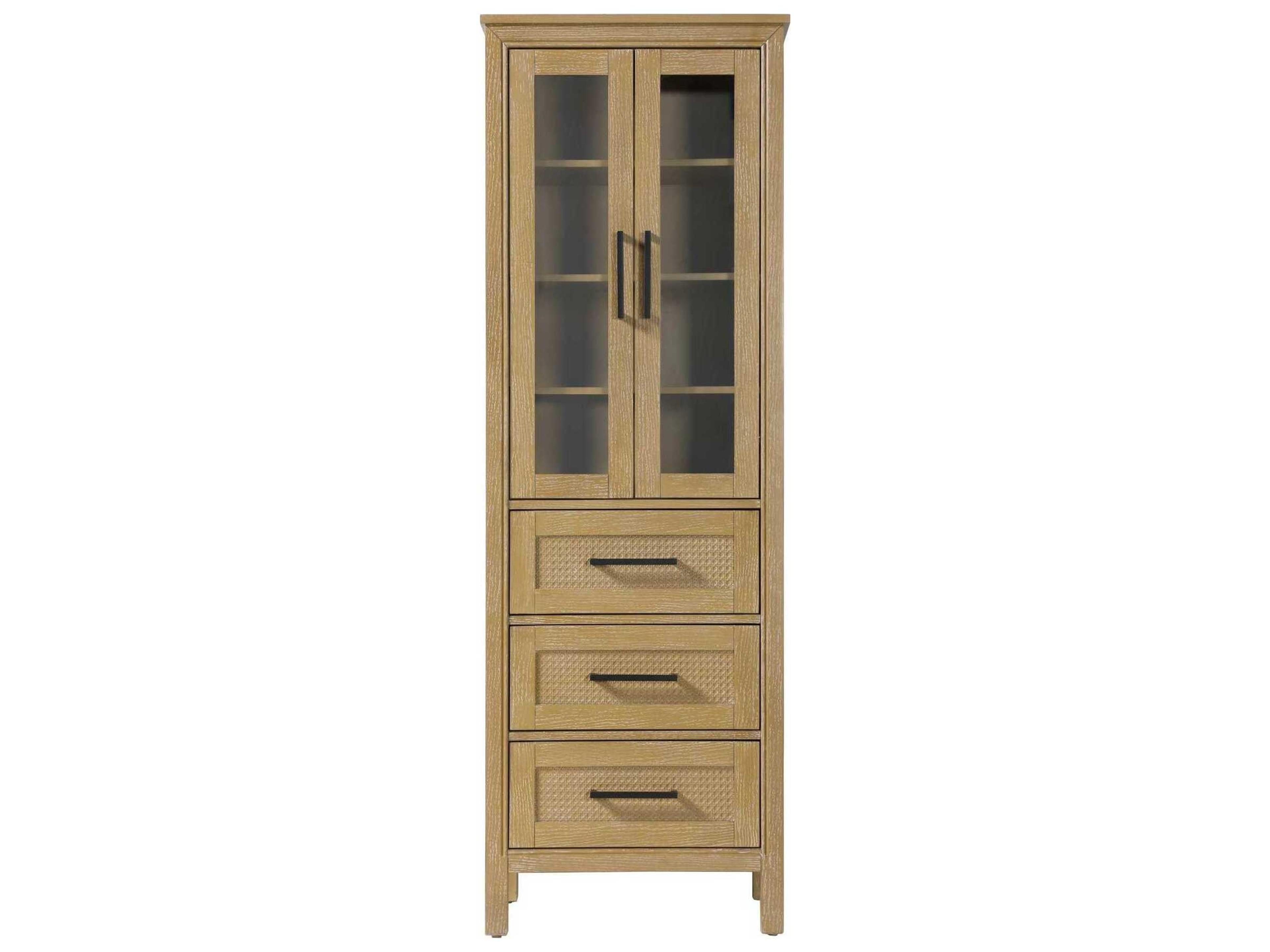 Alina Linen Oak Brown Rubberwood Bath Storage Glass Cabinet