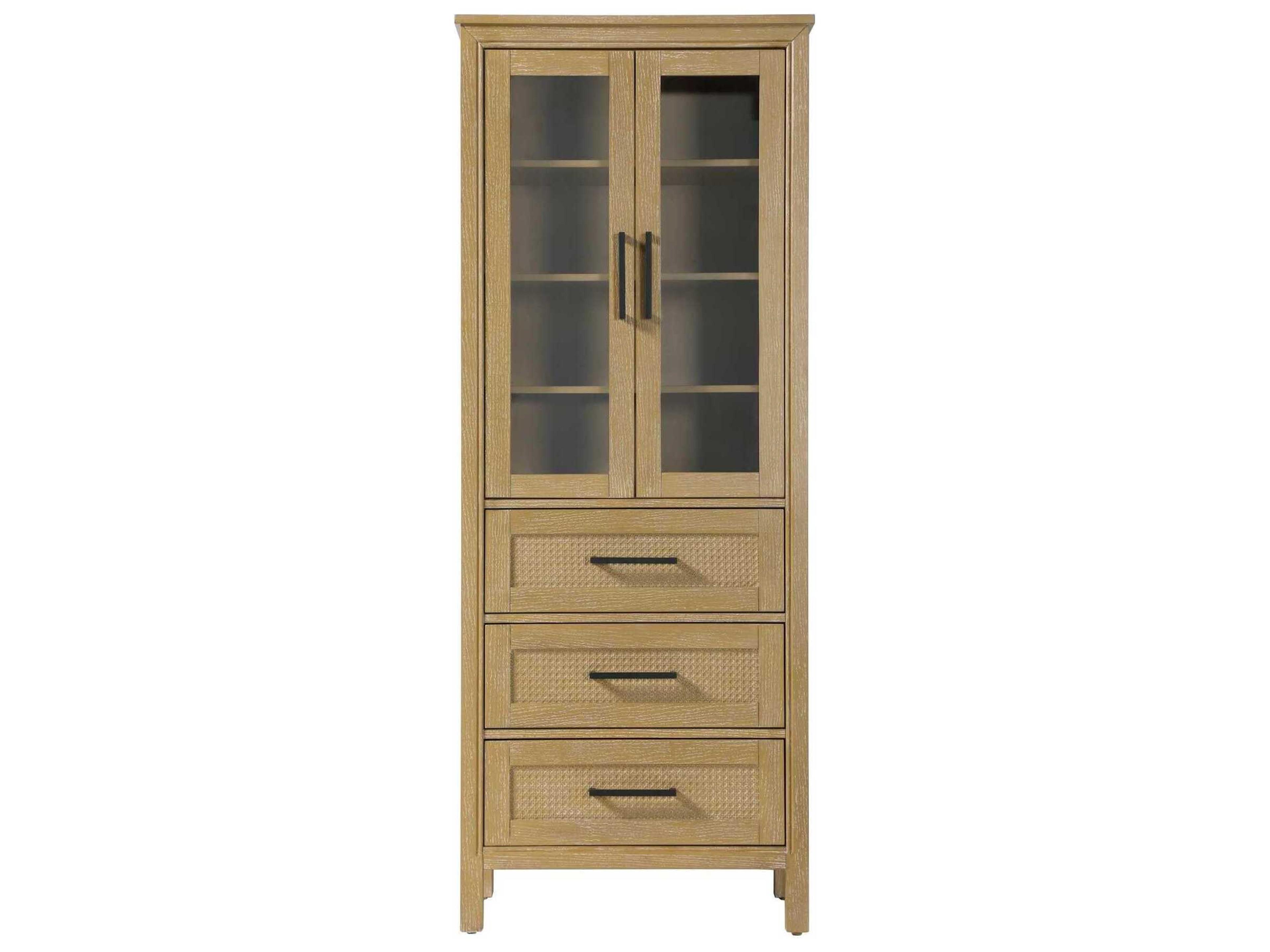 Alina Linen Oak Brown Rubberwood Bath Storage Glass Cabinet