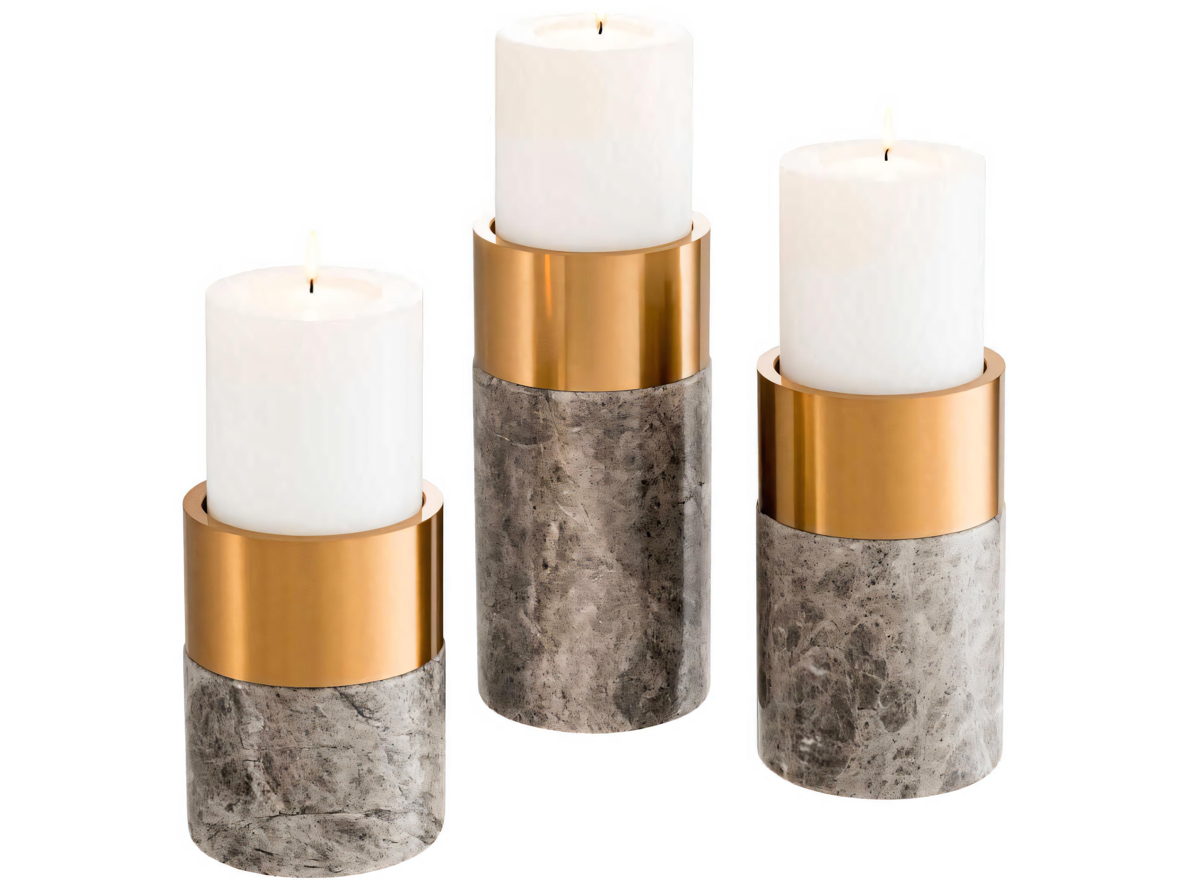 Sierra Grey Marble Brass Set of 3 Candle Holder