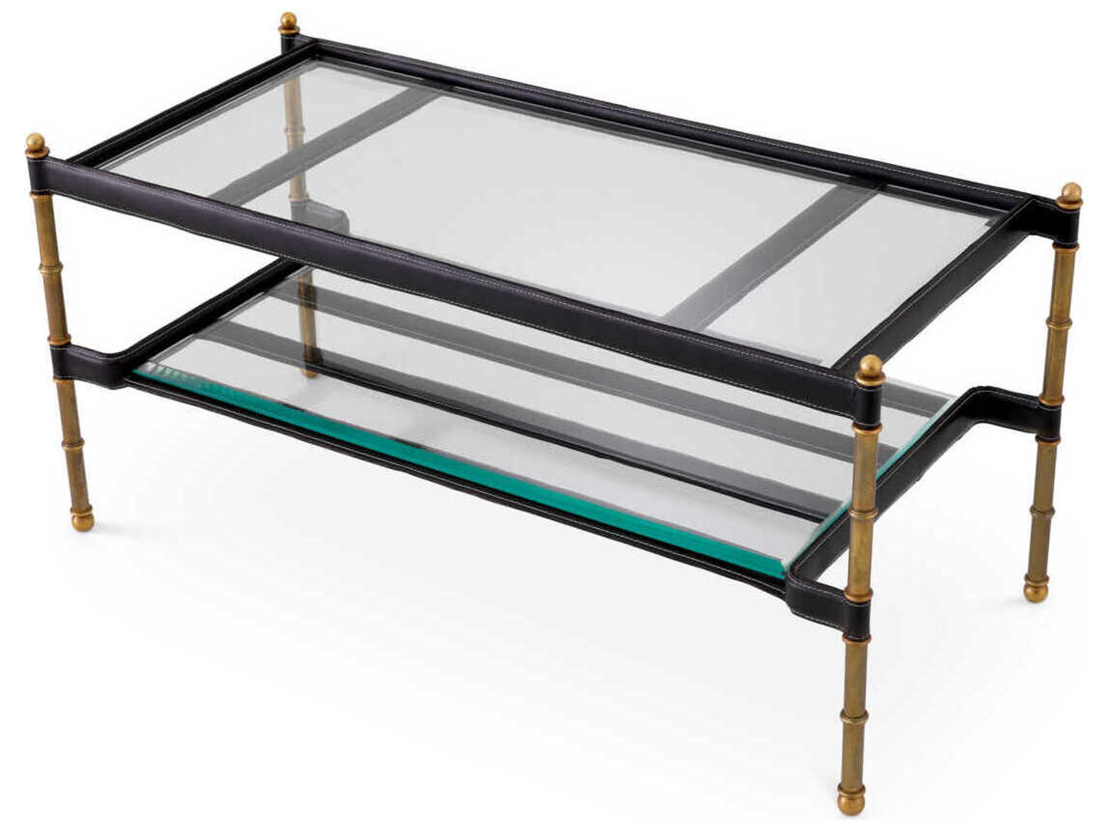 Eichholtz Princess Rectangular Black Leather Vintage Brass Coffee Table