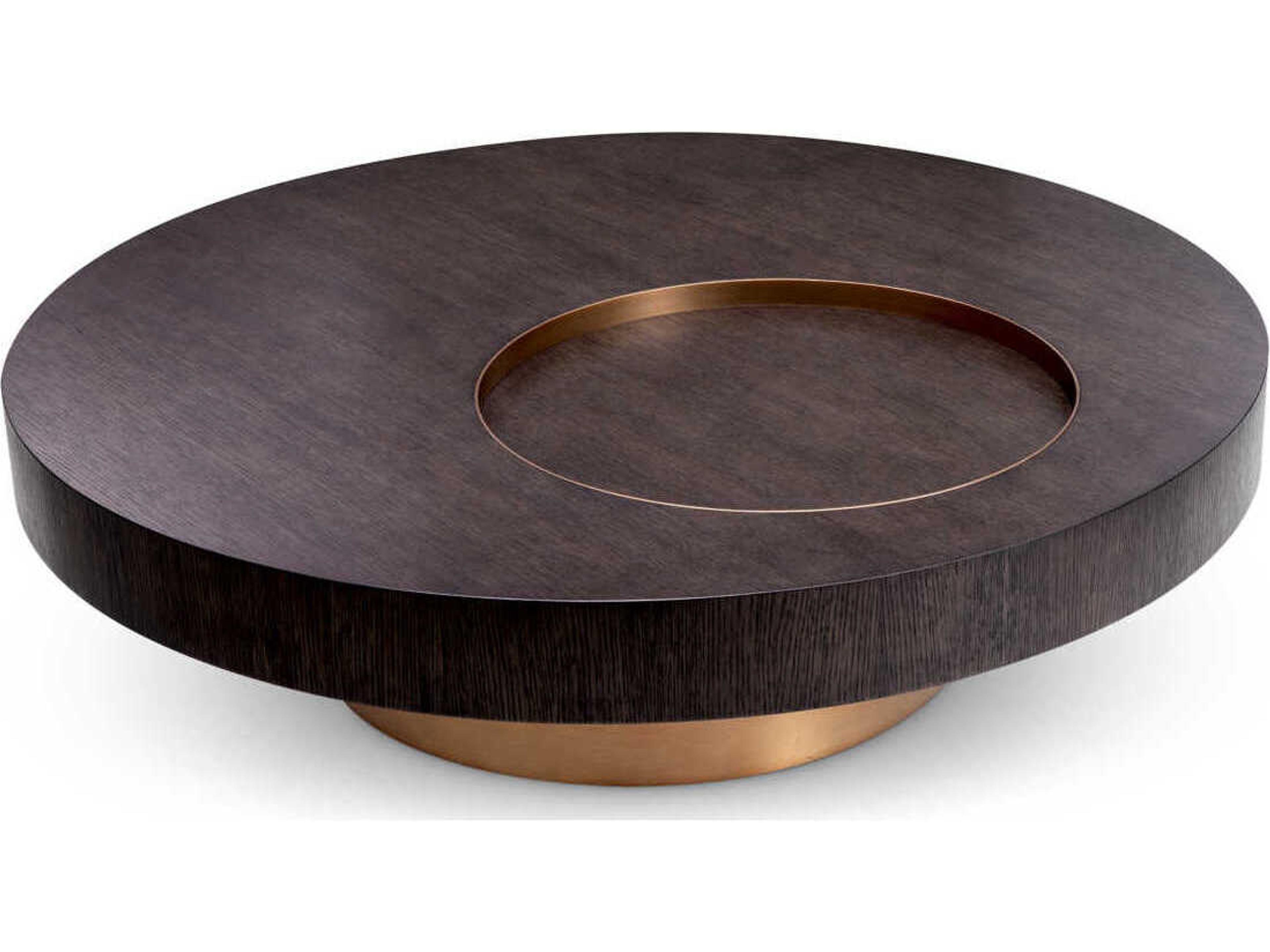 Eichholtz Otus Round Mocha Oak Veneer Brushed Brass Coffee Table