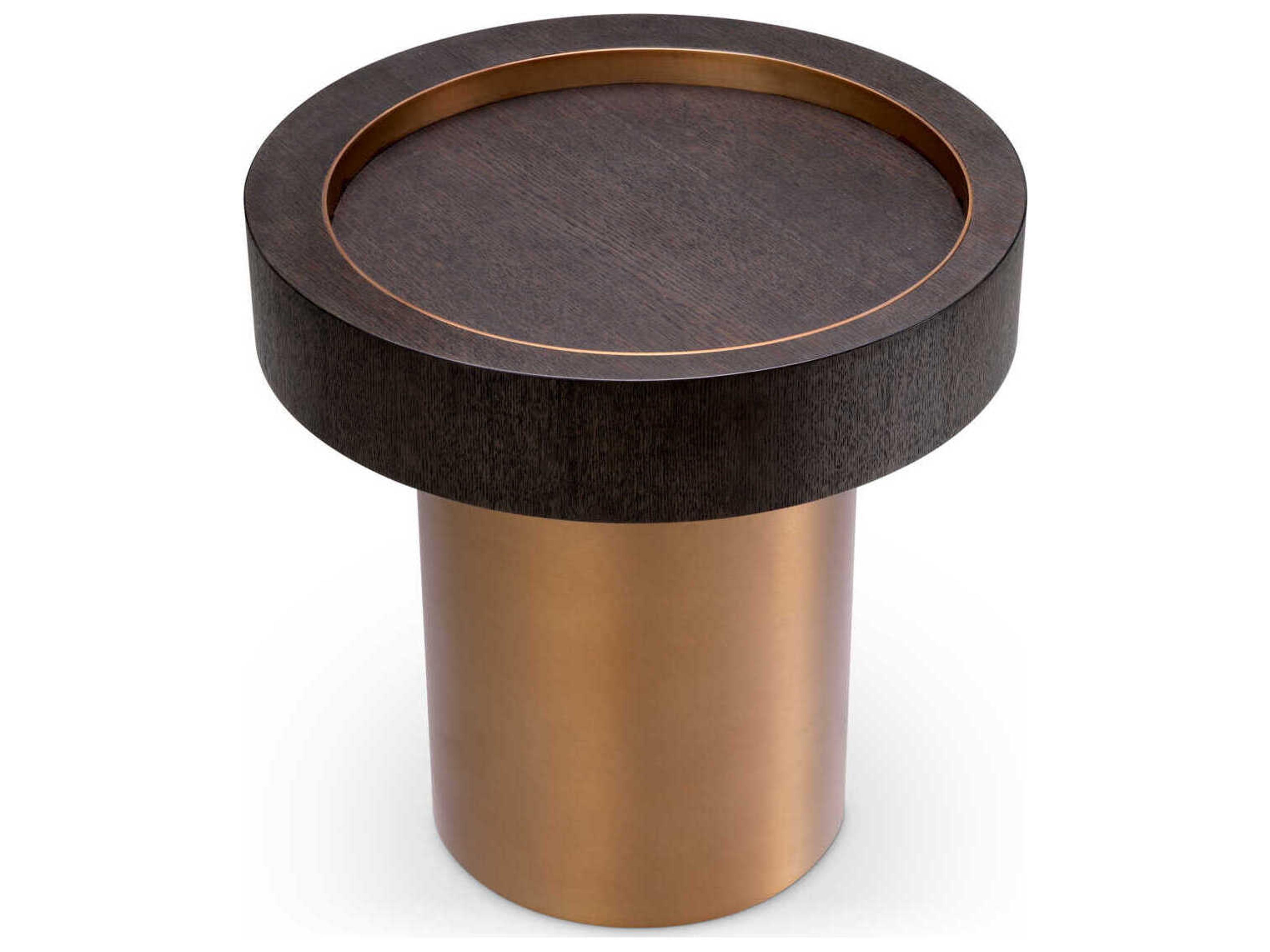 Eichholtz Otus Round Mocha Oak Veneer Brushed Brass Side Table