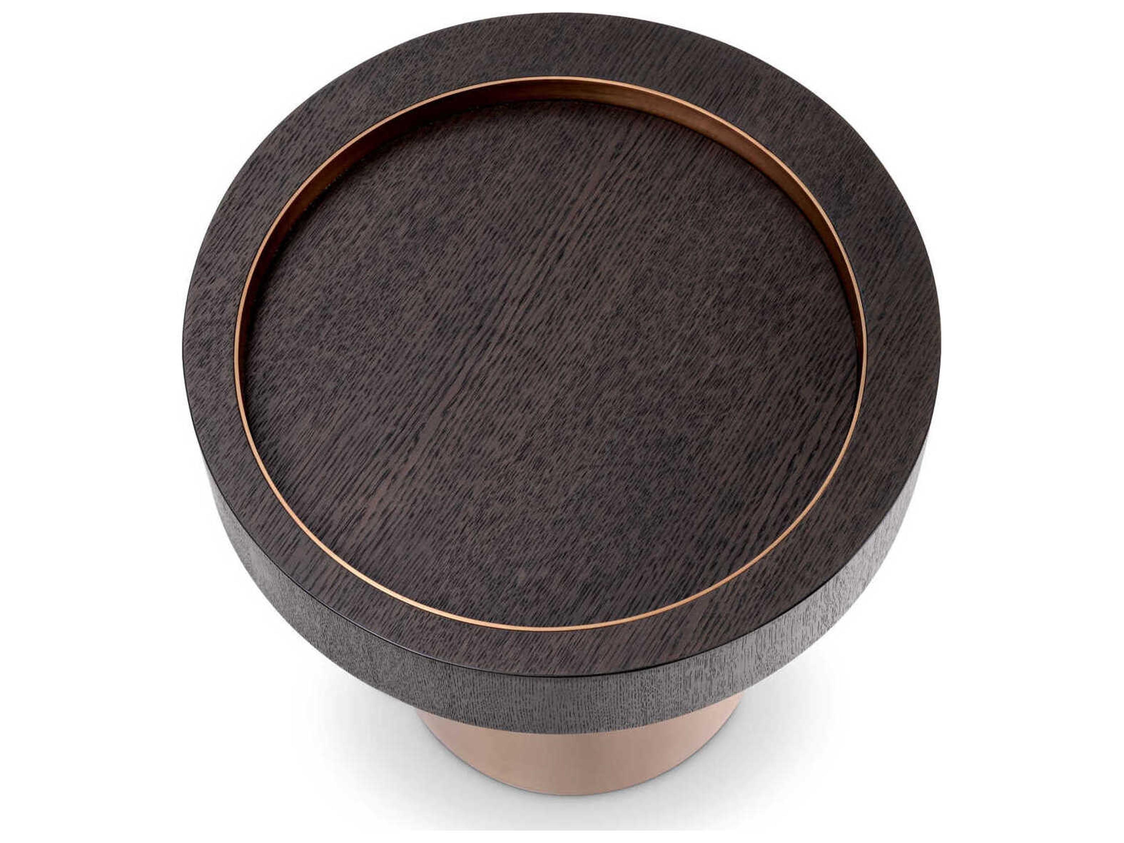 Eichholtz Otus Round Mocha Oak Veneer Brushed Brass Side Table