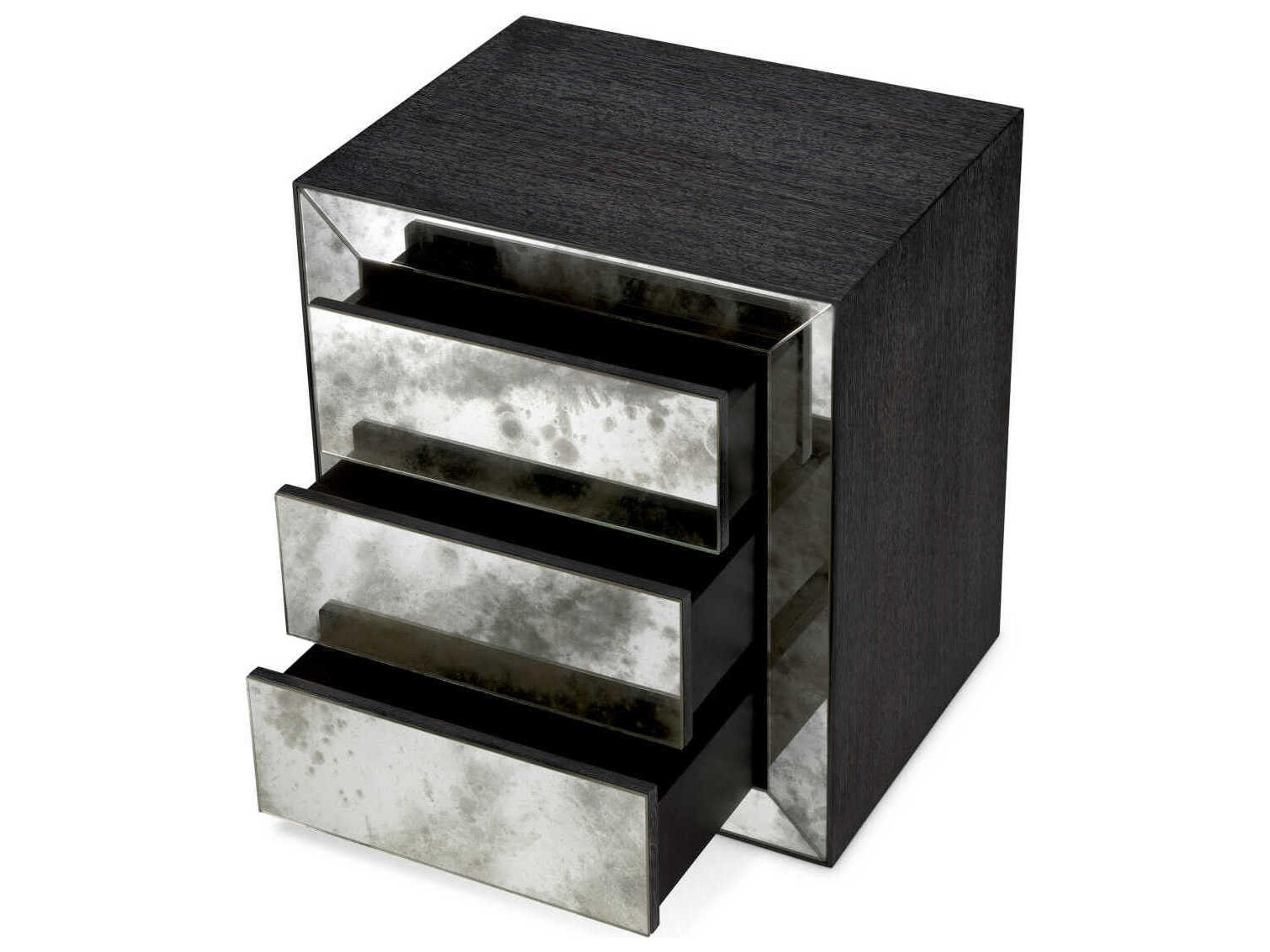 Eichholtz Bogart Charcoal Grey Oak Veneer Antique Mirror Glass Nightstand