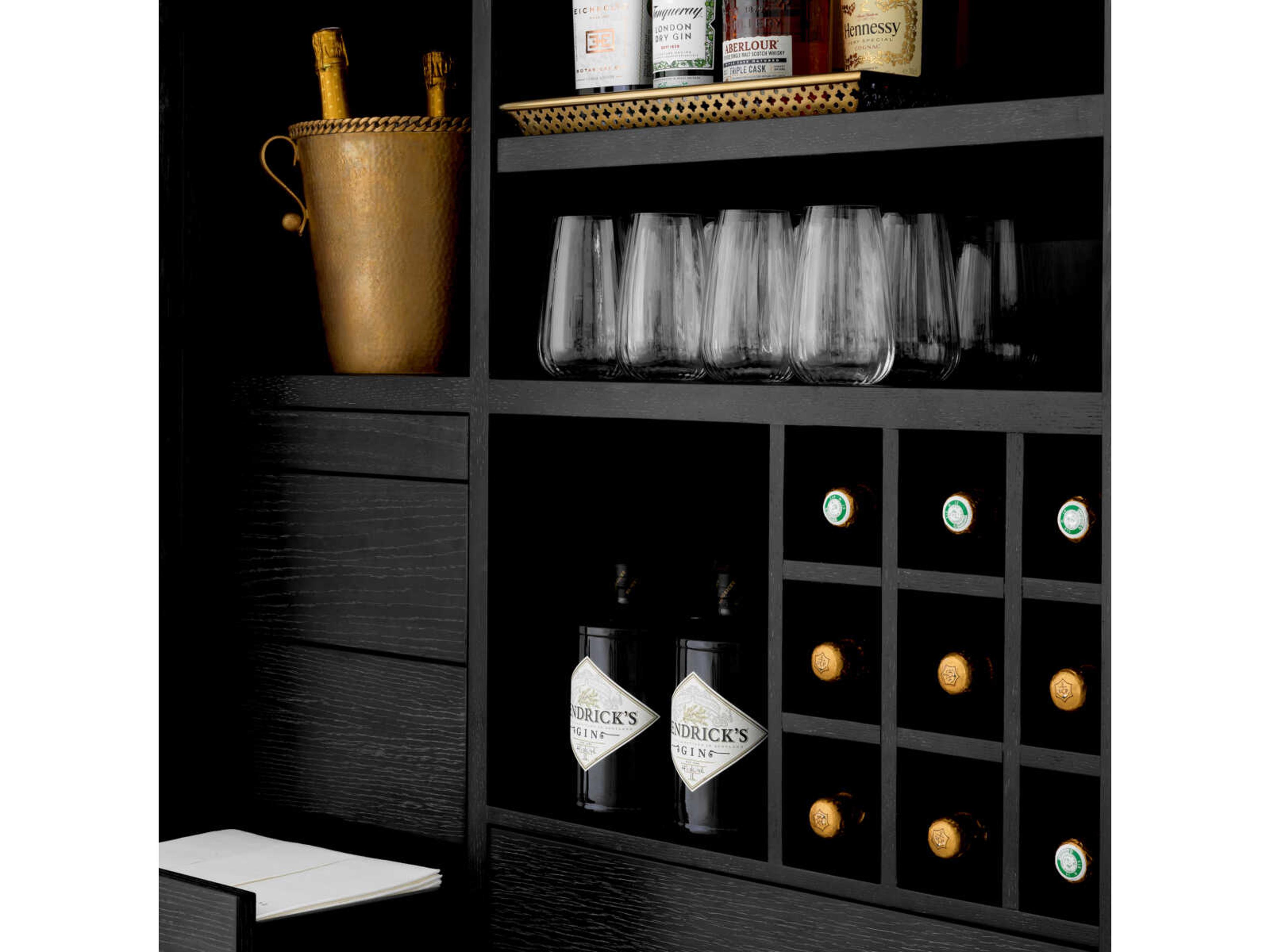 Eichholtz Connaught Charcoal Grey Oak Veneer Bronze Bar Cabinet