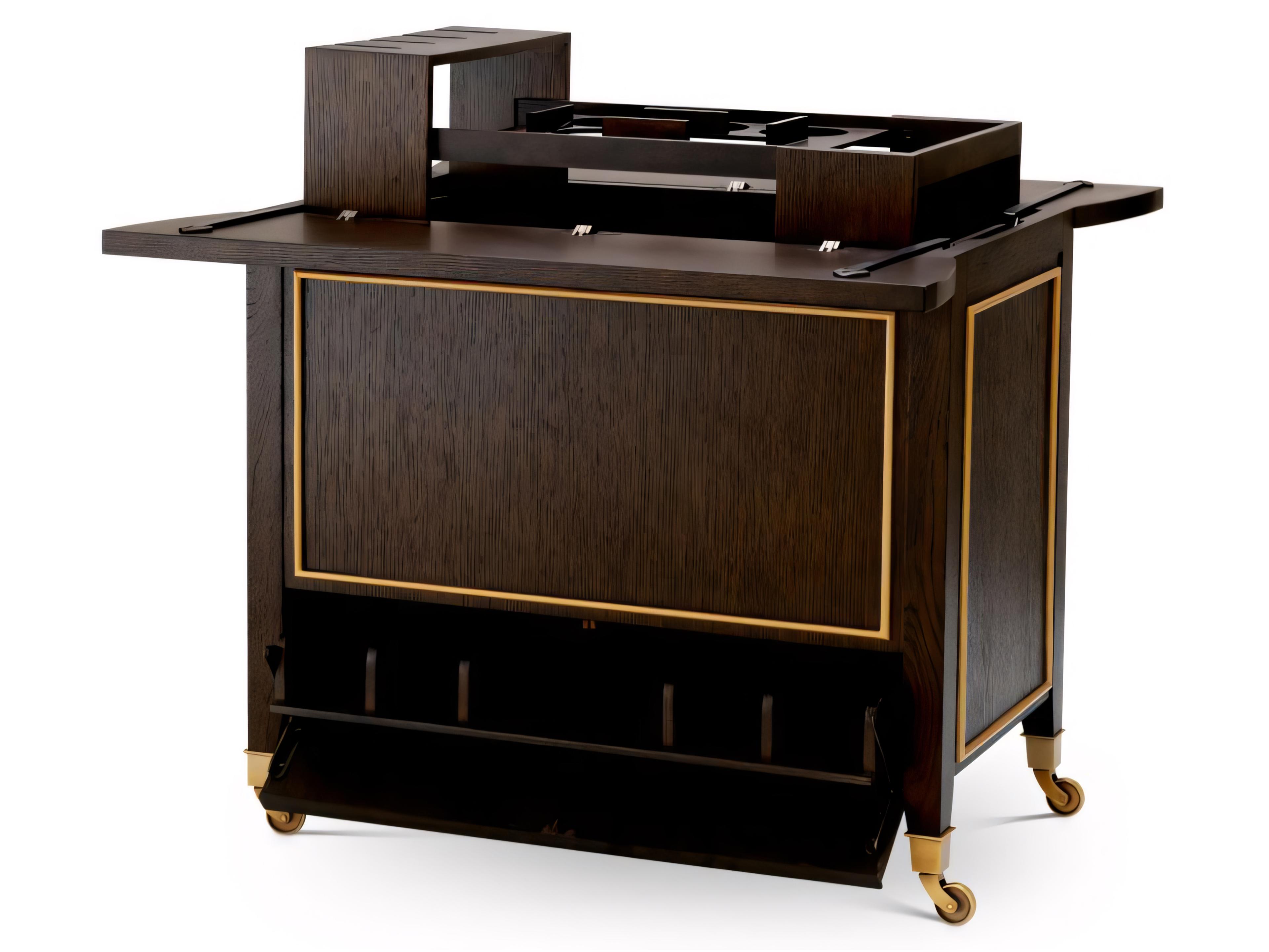 Eichholtz Wood Brown Oak Veneer X Brushed Brass Bar Cart