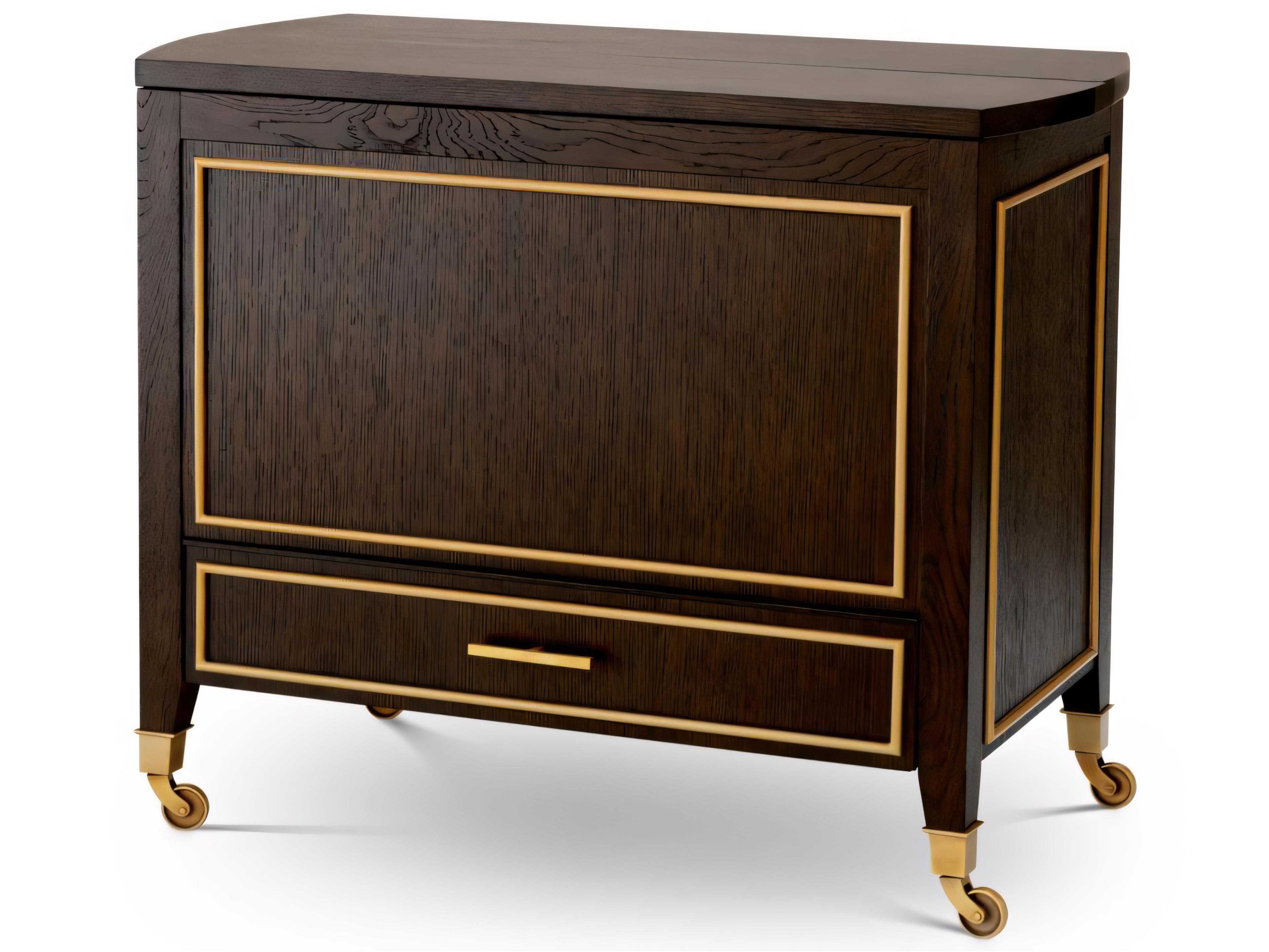 Eichholtz Wood Brown Oak Veneer X Brushed Brass Bar Cart