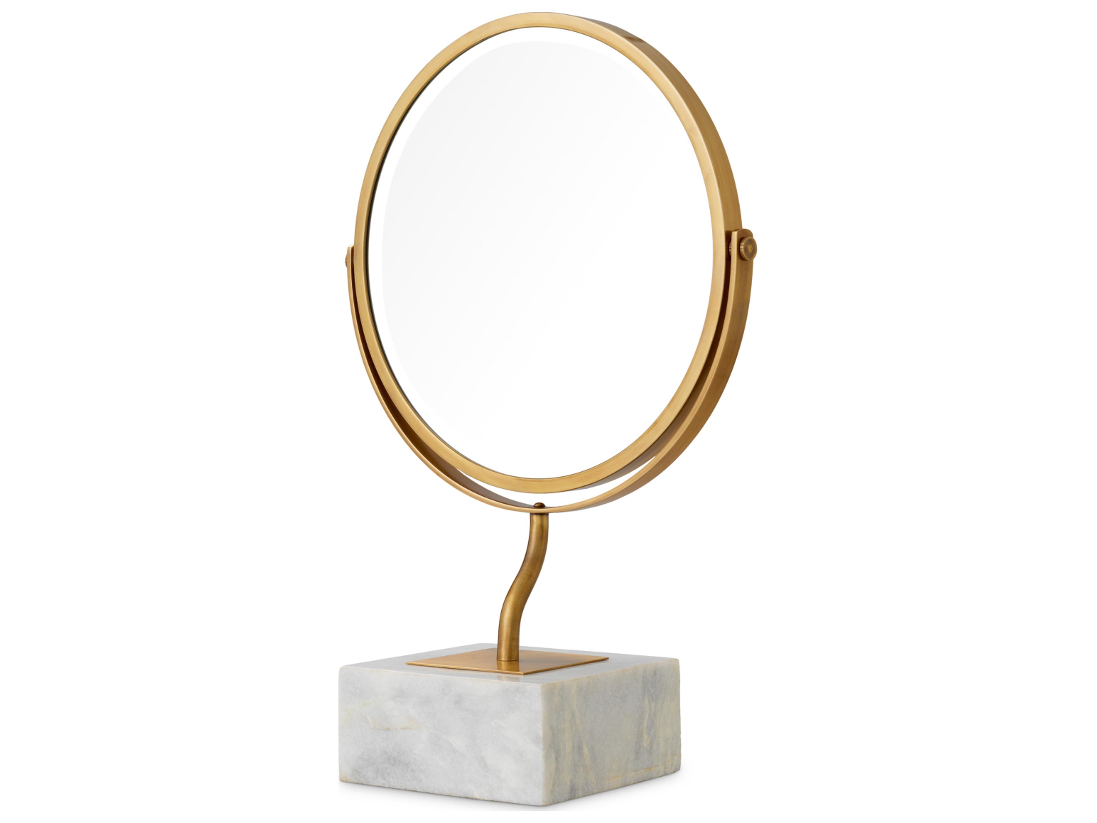 White Marble Base X Vintage Brass Dresser Mirror Round
