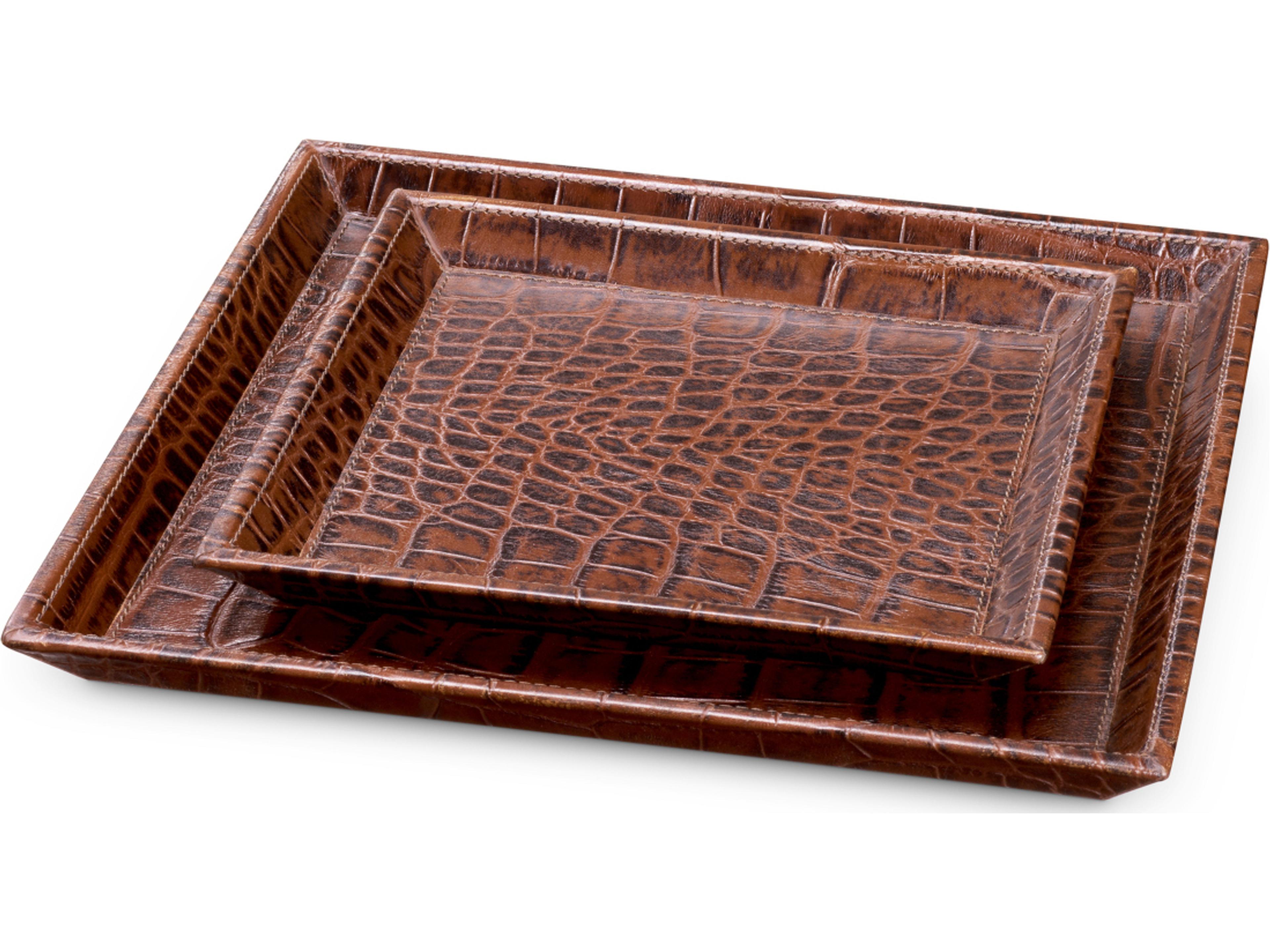 Croco Embossed Antique Brown Leather Serving Tray