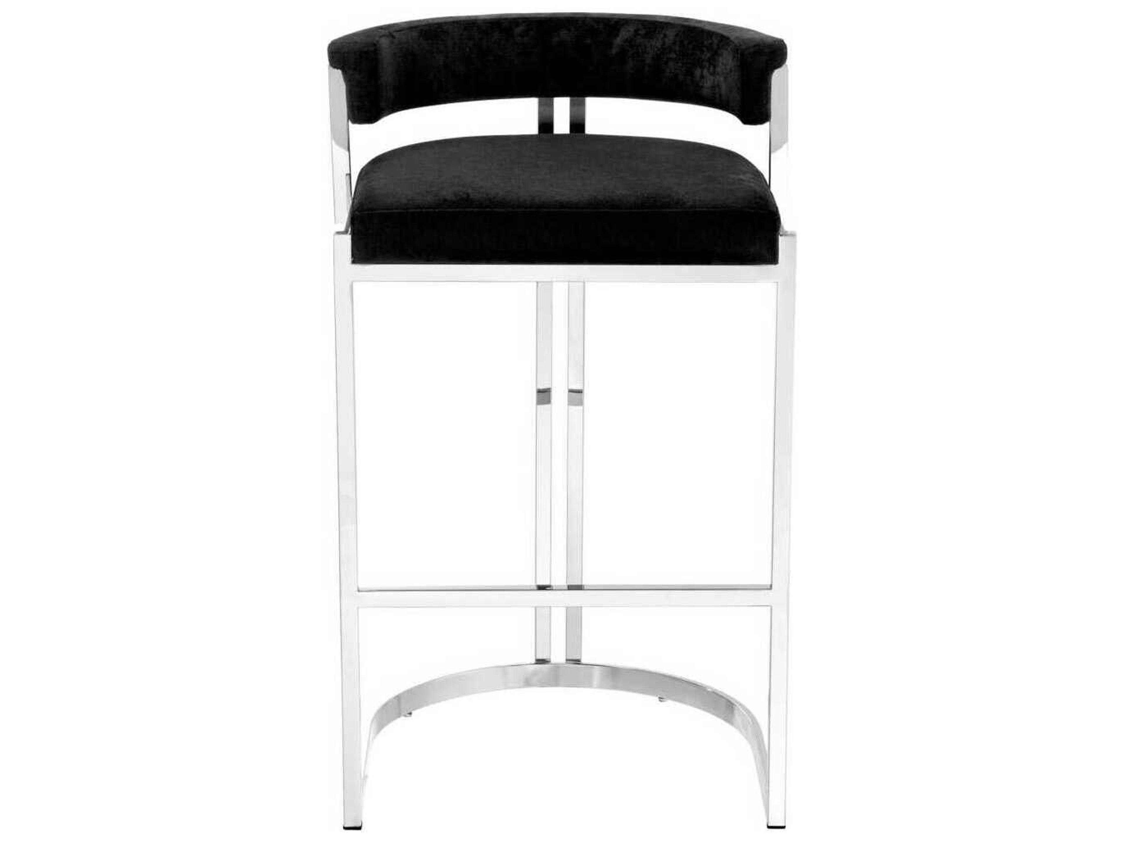 Eichholtz Dante Polished Stainless Steel Black Velvet Upholstered Counter Stool