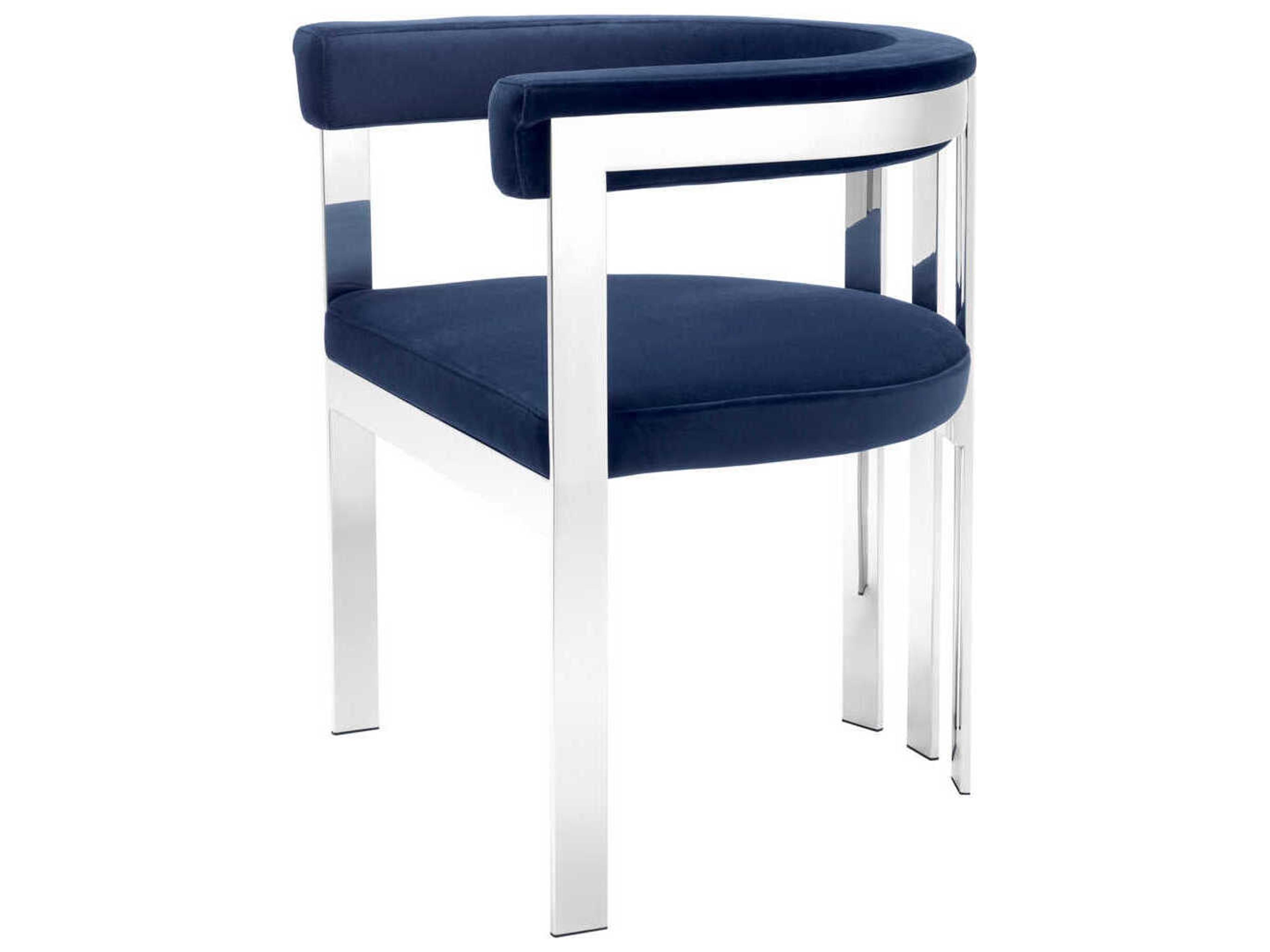 Clubhouse Dining Chair in Polished Stainless Steel and Savona Midnight Blue Velvet