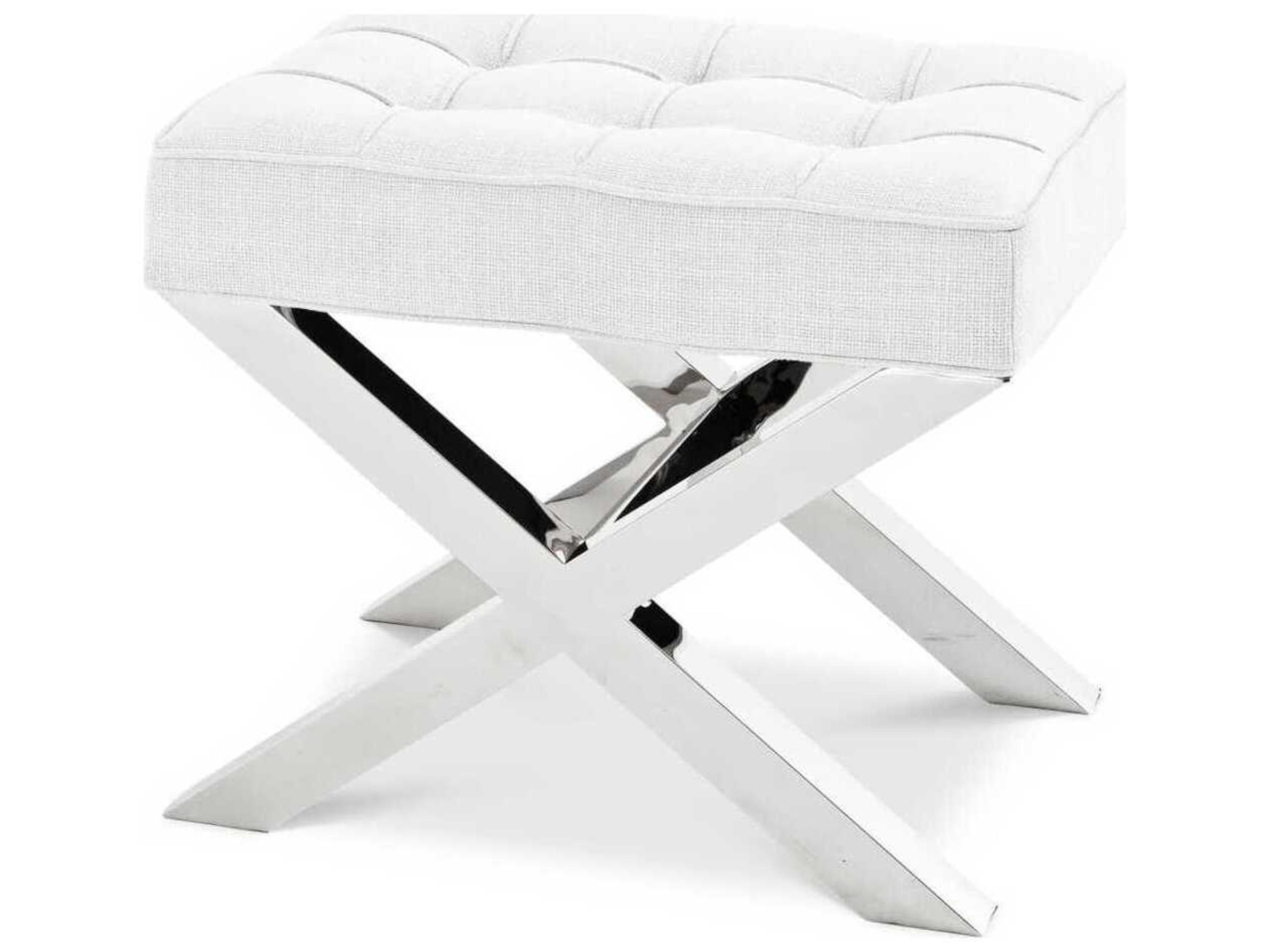 Beekman Place Stool in Avalon White Fabric with Polished Stainless Steel Base