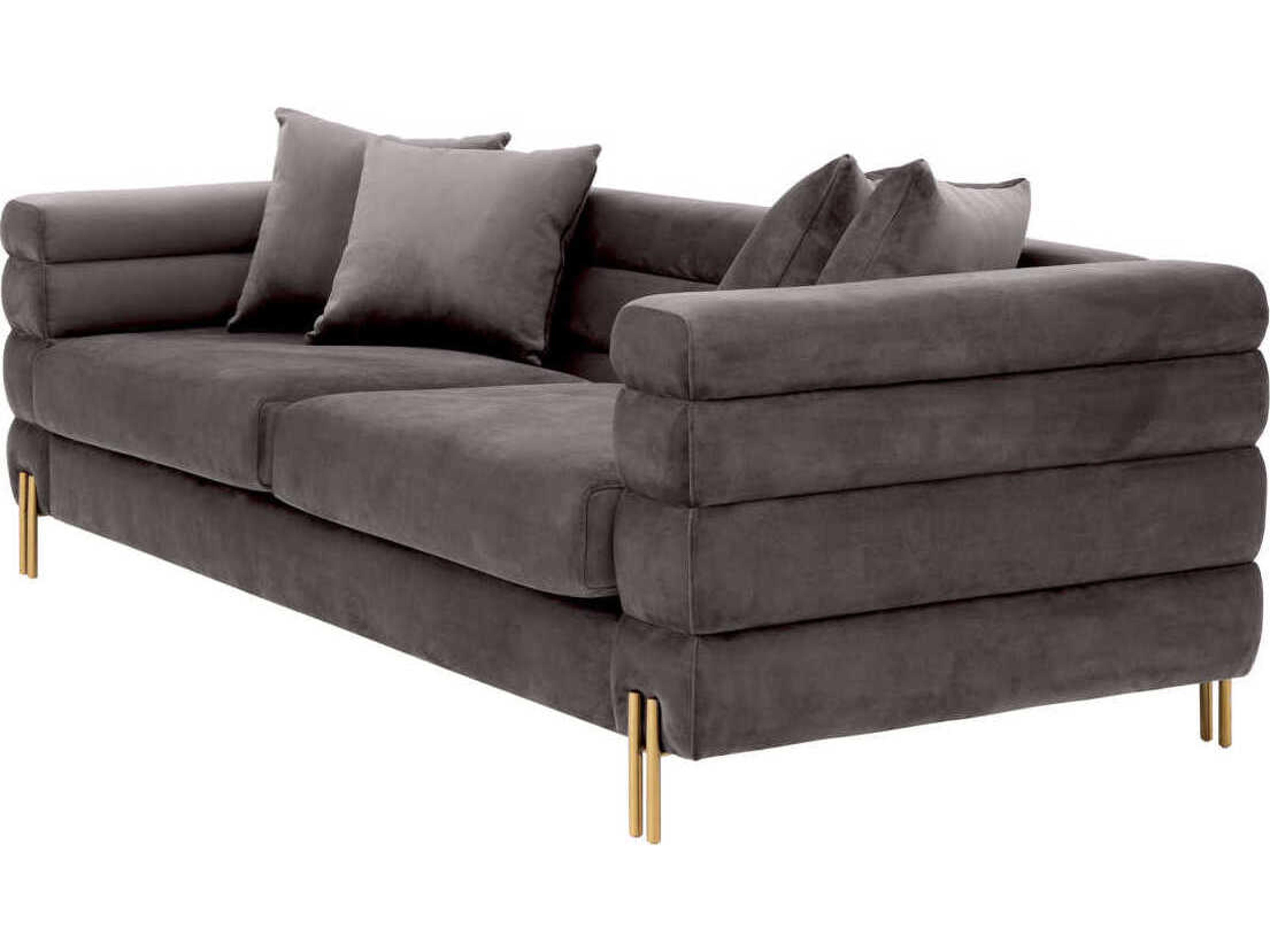 Eichholtz York Savona Grey Velvet Brushed Brass Legs Upholstered Sofa