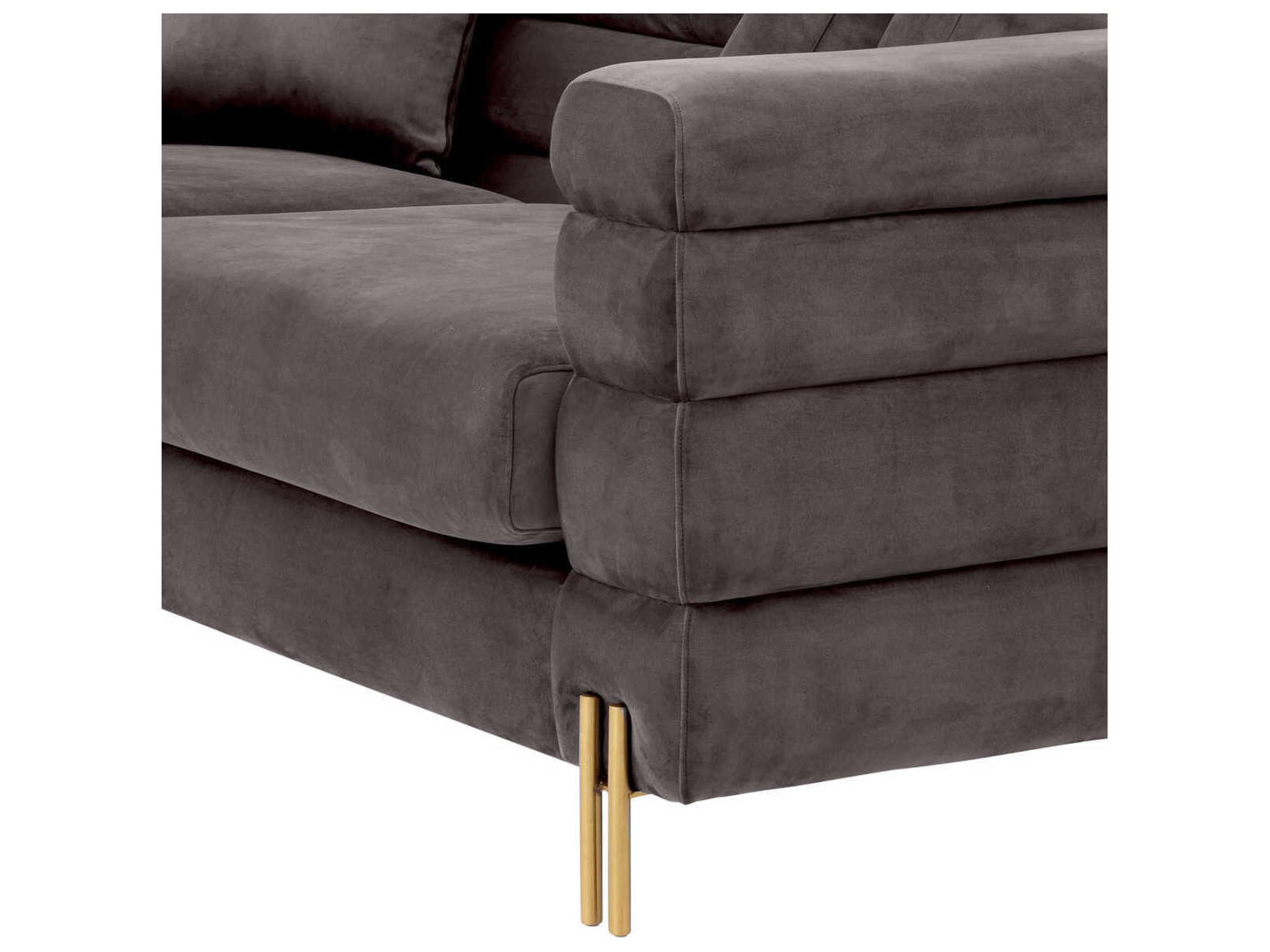 Eichholtz York Savona Grey Velvet Brushed Brass Legs Upholstered Sofa