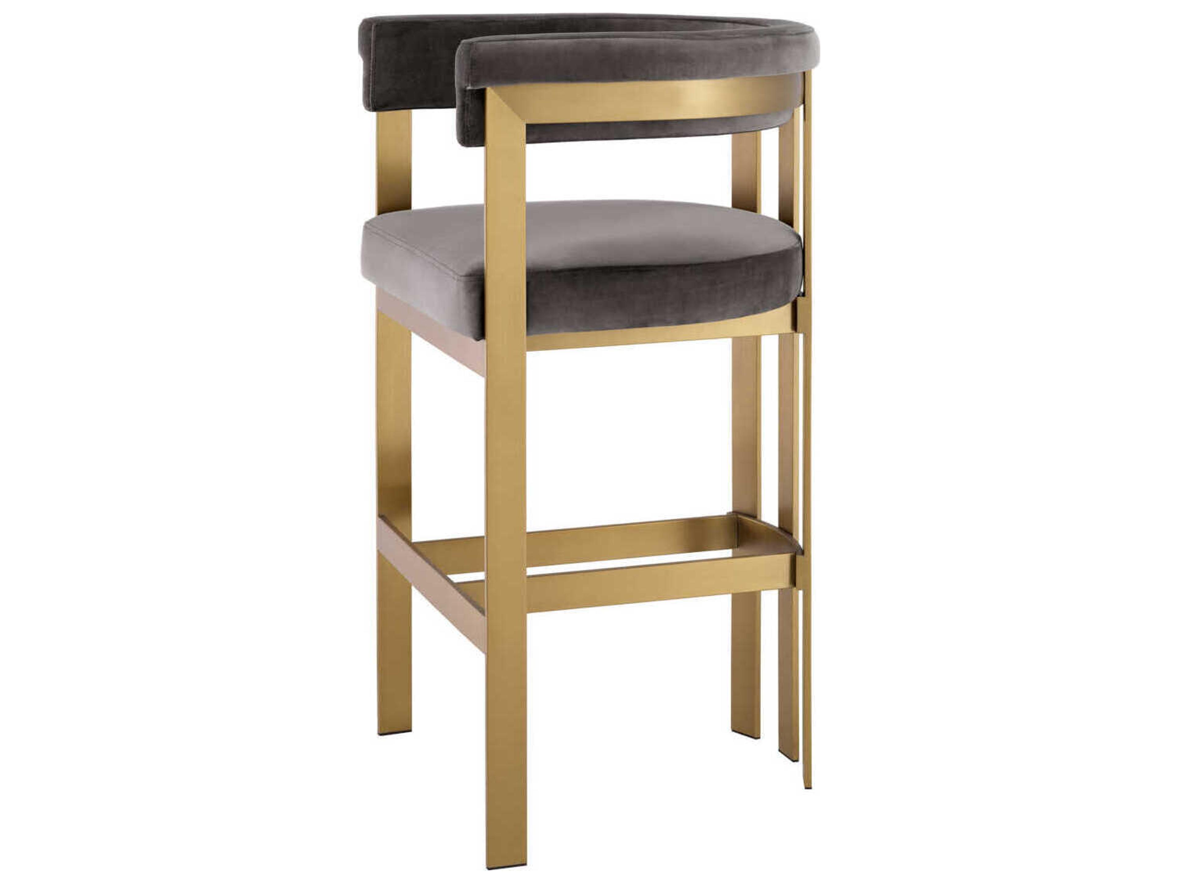 Eichholtz Clubhouse Brushed Brass Savona Grey Velvet Upholstered Bar Stool