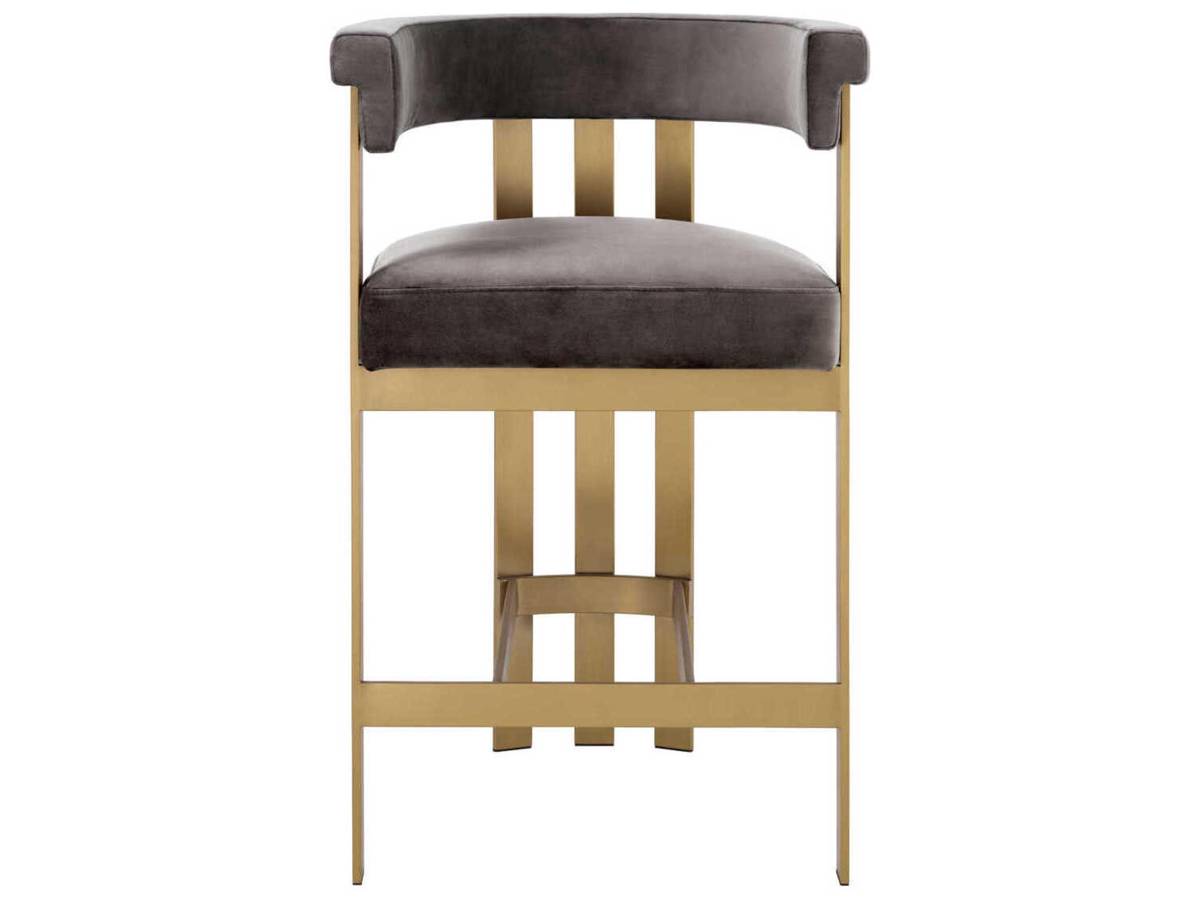 Eichholtz Clubhouse Brushed Brass Savona Grey Velvet Upholstered Counter Stool