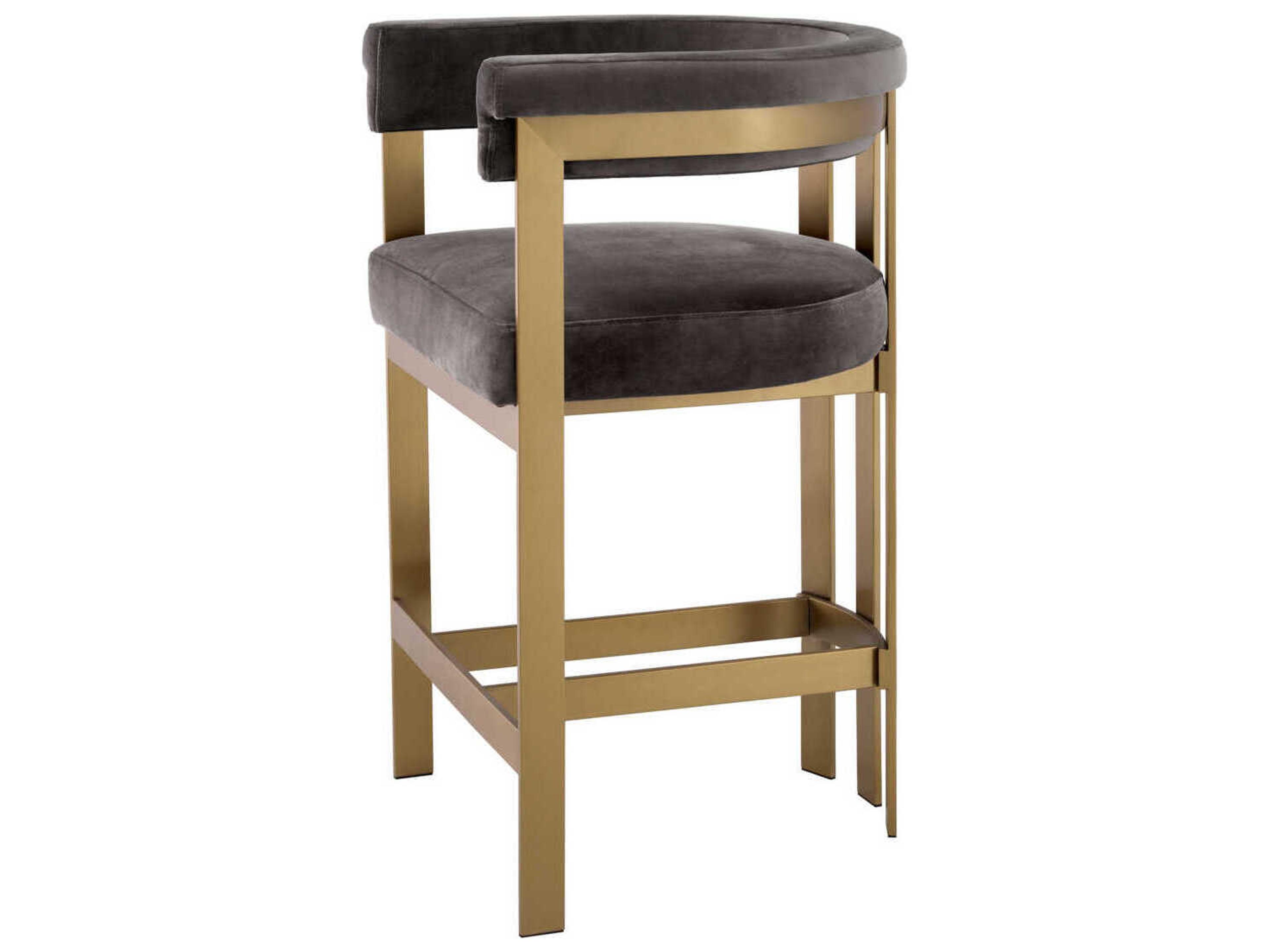 Eichholtz Clubhouse Brushed Brass Savona Grey Velvet Upholstered Counter Stool