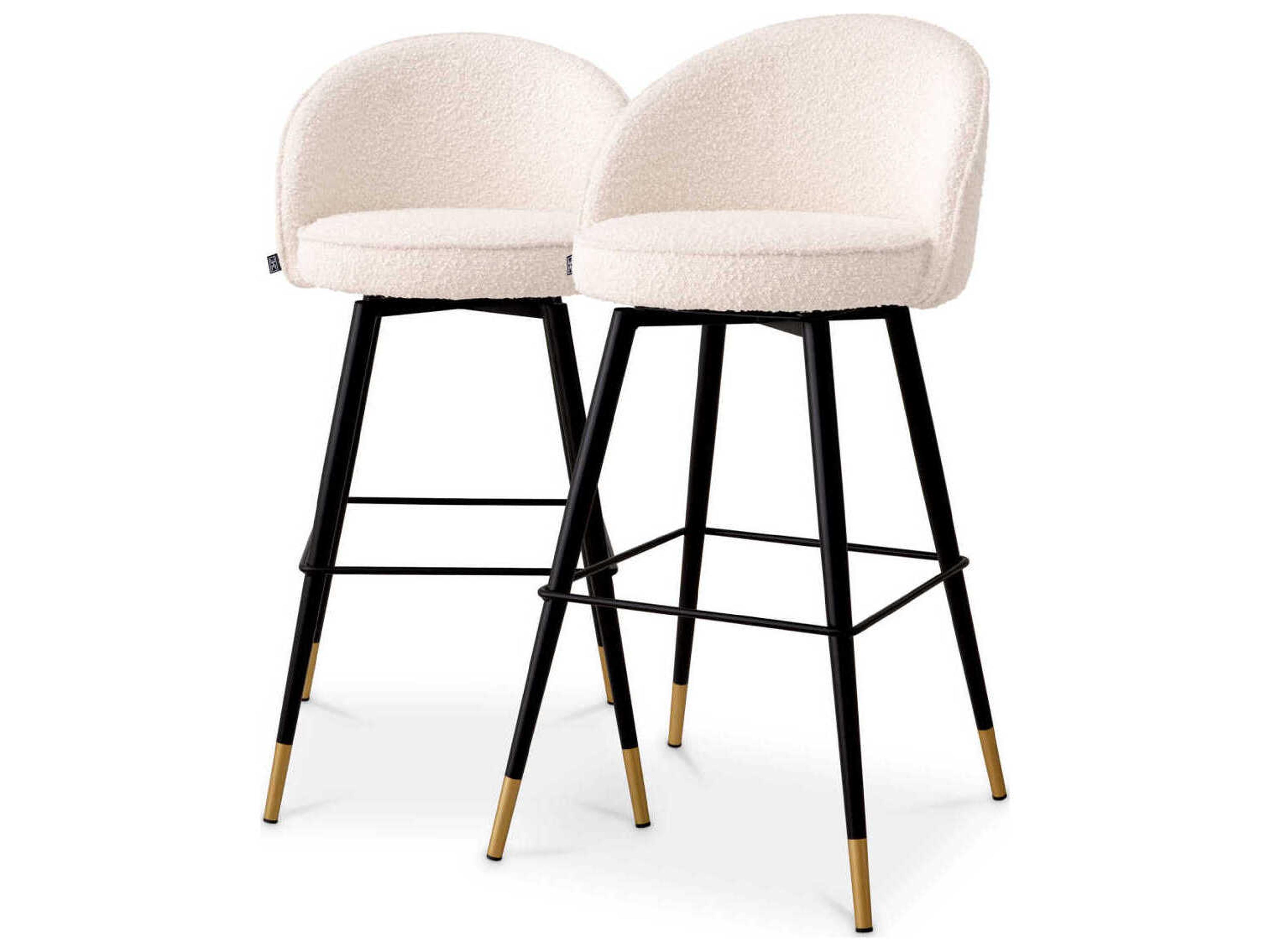 Eichholtz Cooper Boucle Cream Piping Upholstered Swivel Bar Stool Set of 2