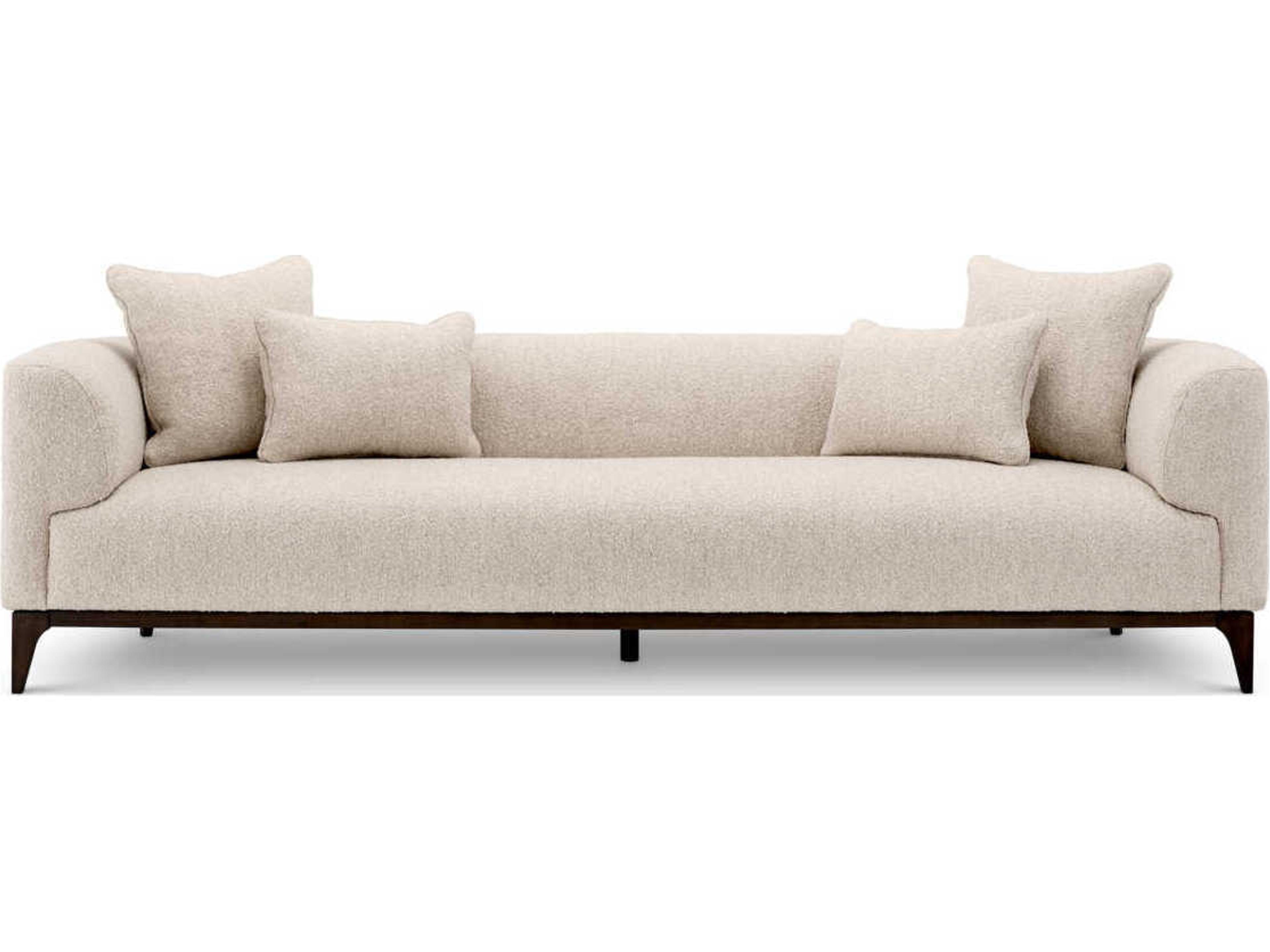 Eichholtz Brannan Boucle Chalk White Brown Wooden Base Upholstered Sofa