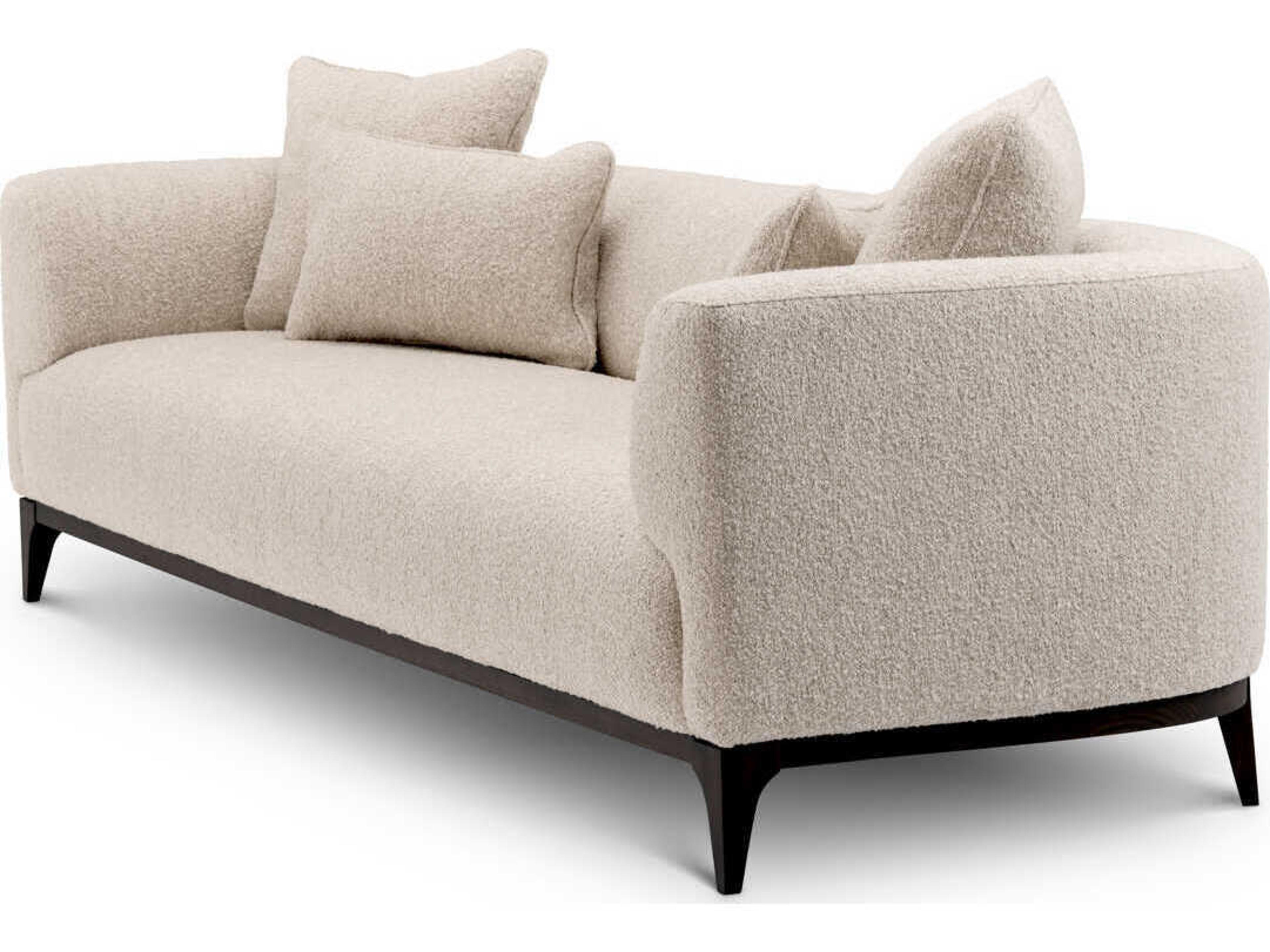 Eichholtz Brannan Boucle Chalk White Brown Wooden Base Upholstered Sofa