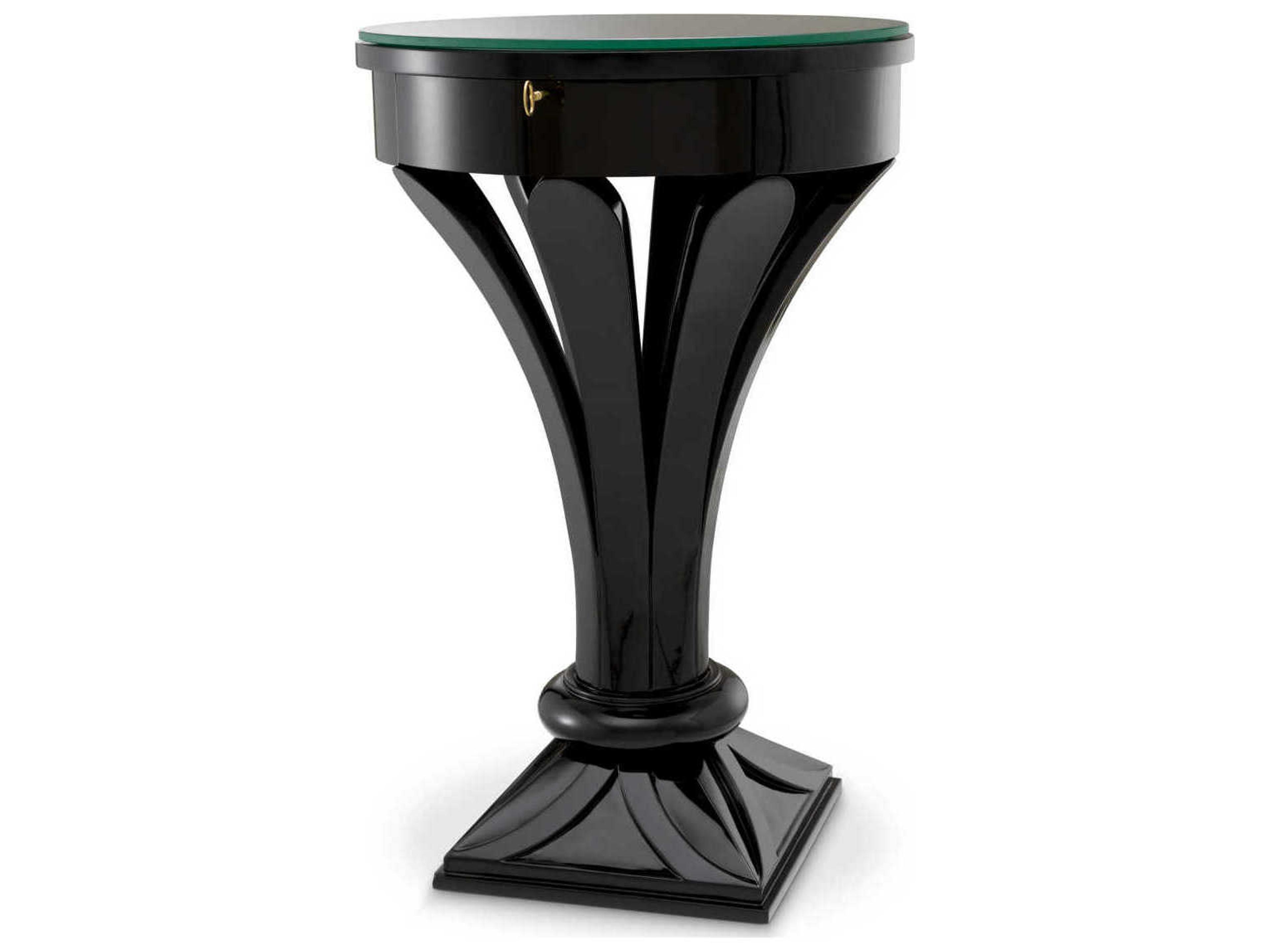 Aswan Round Piano Black Clear Glass Top End Table