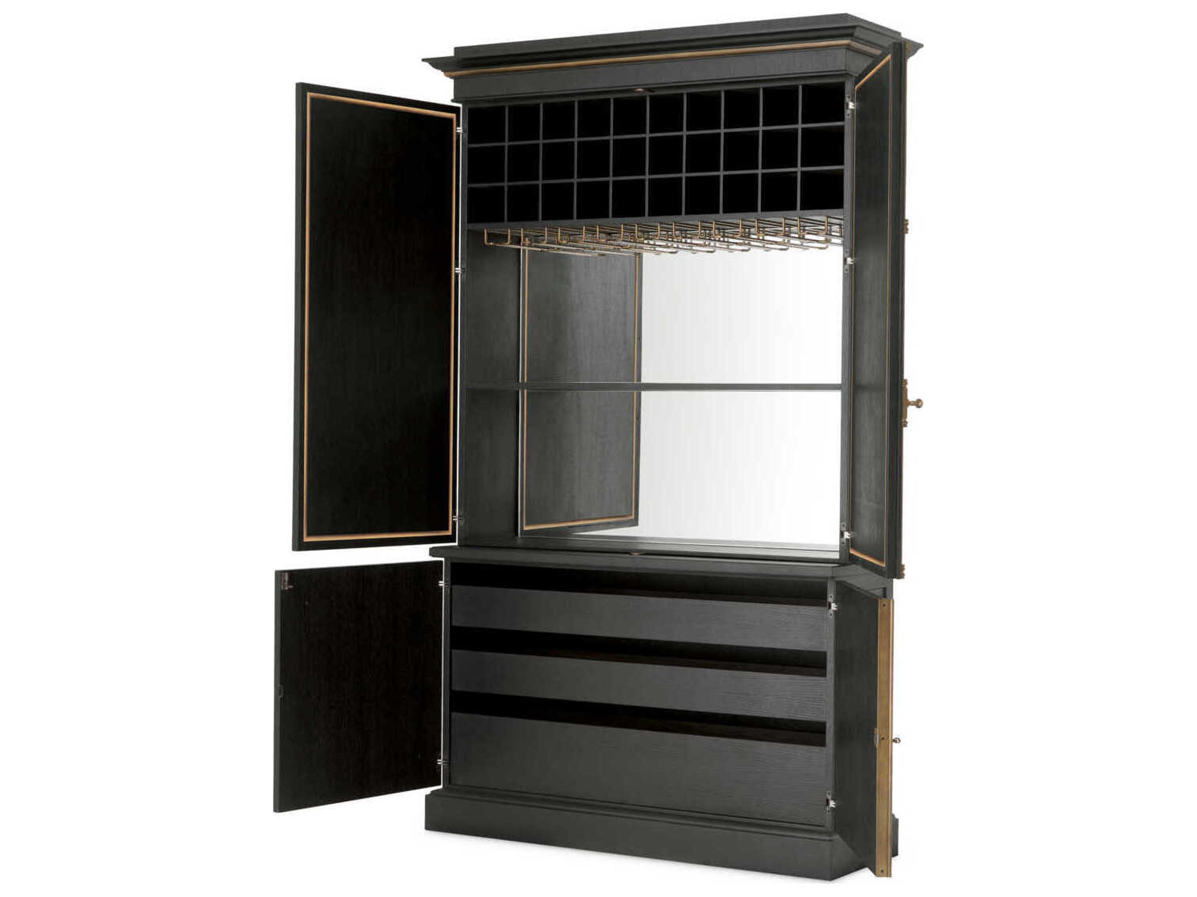 Eichholtz Kellam Solid Wood Black Antique Mirror Glass Bar Cabinet