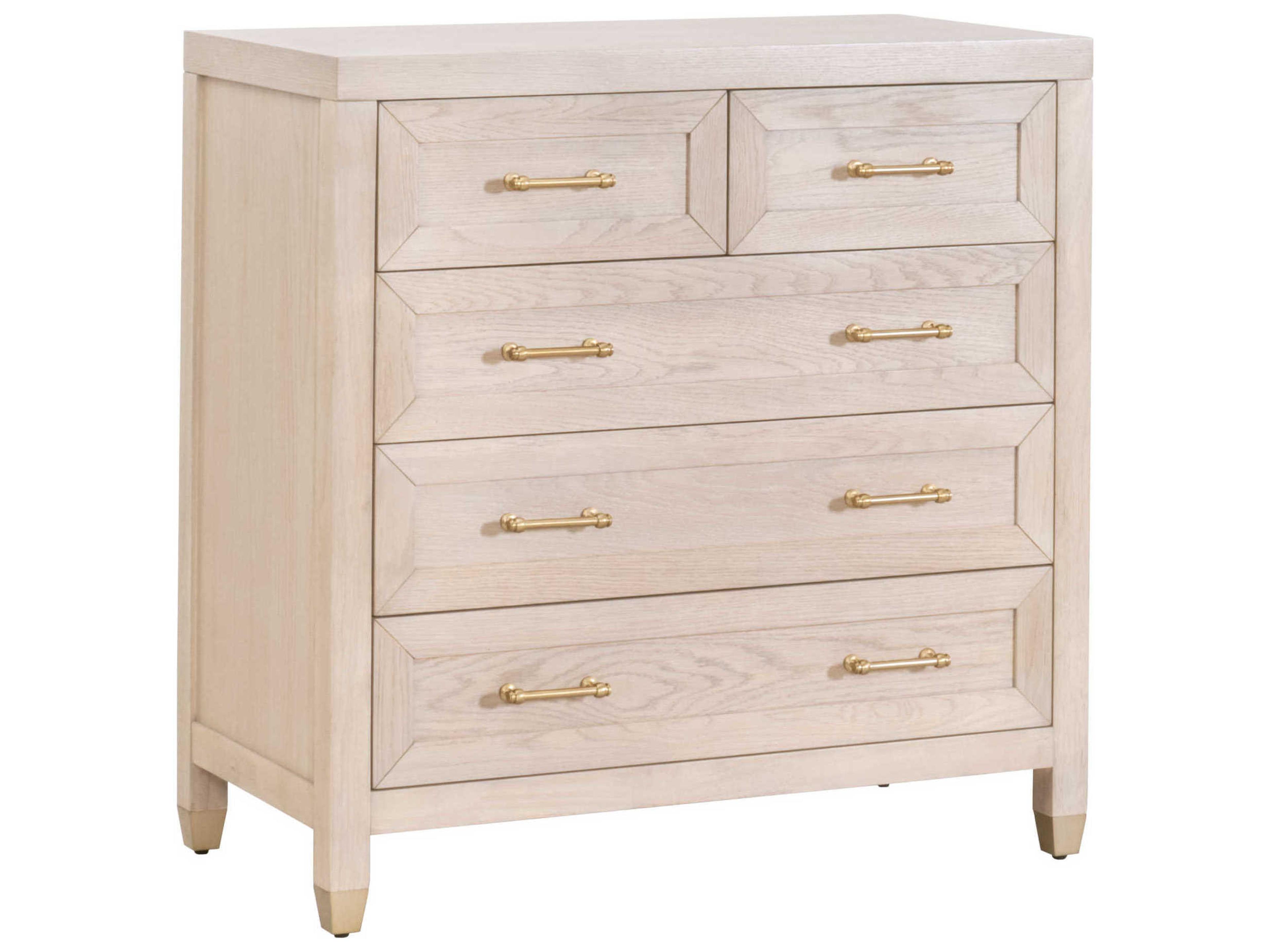 Stella 5-Drawer High Chest Light Honey Oak with Brushed Brass Accents