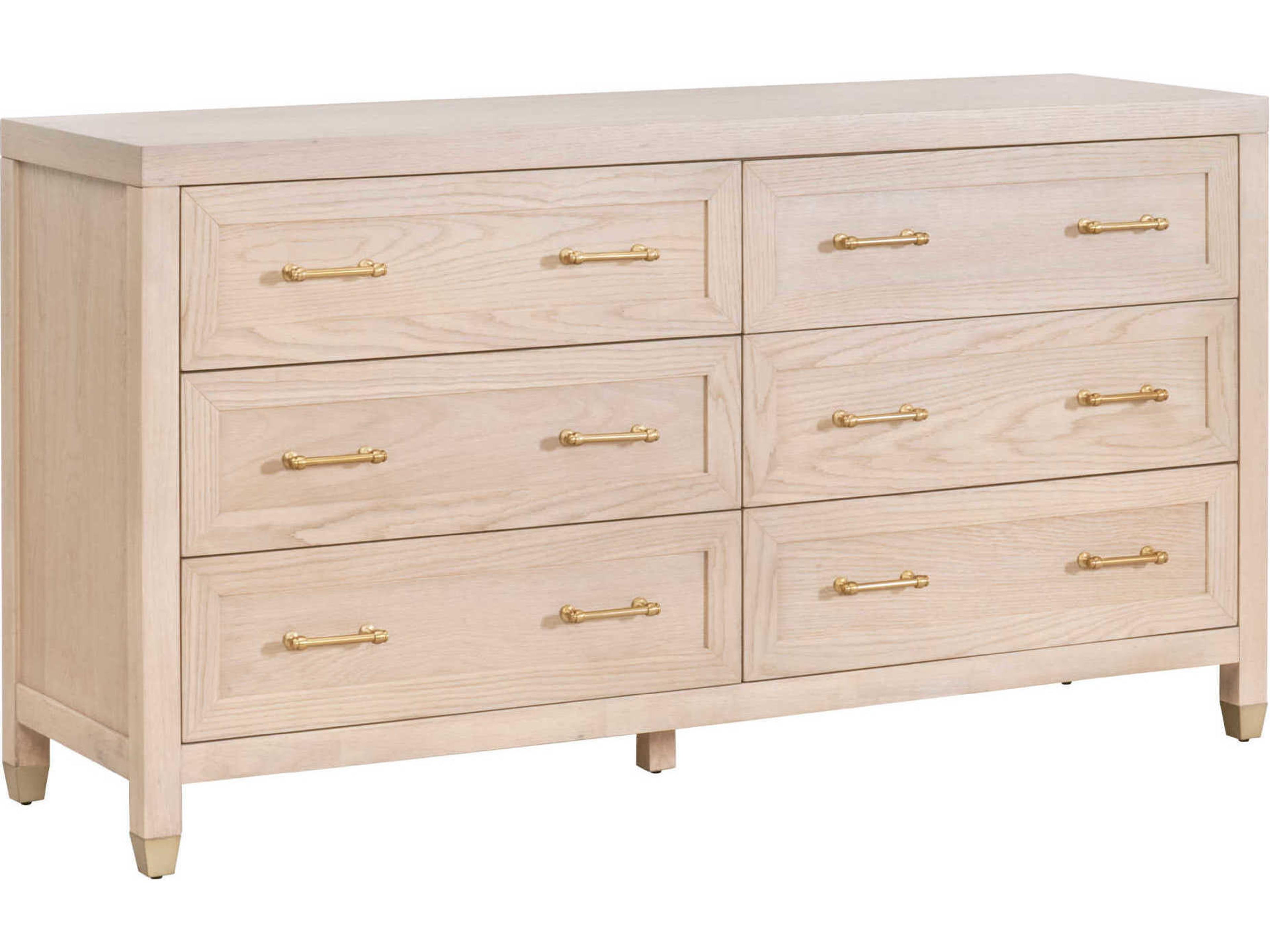 Stella 6-Drawer Double Dresser Light Honey Oak and Brushed Brass