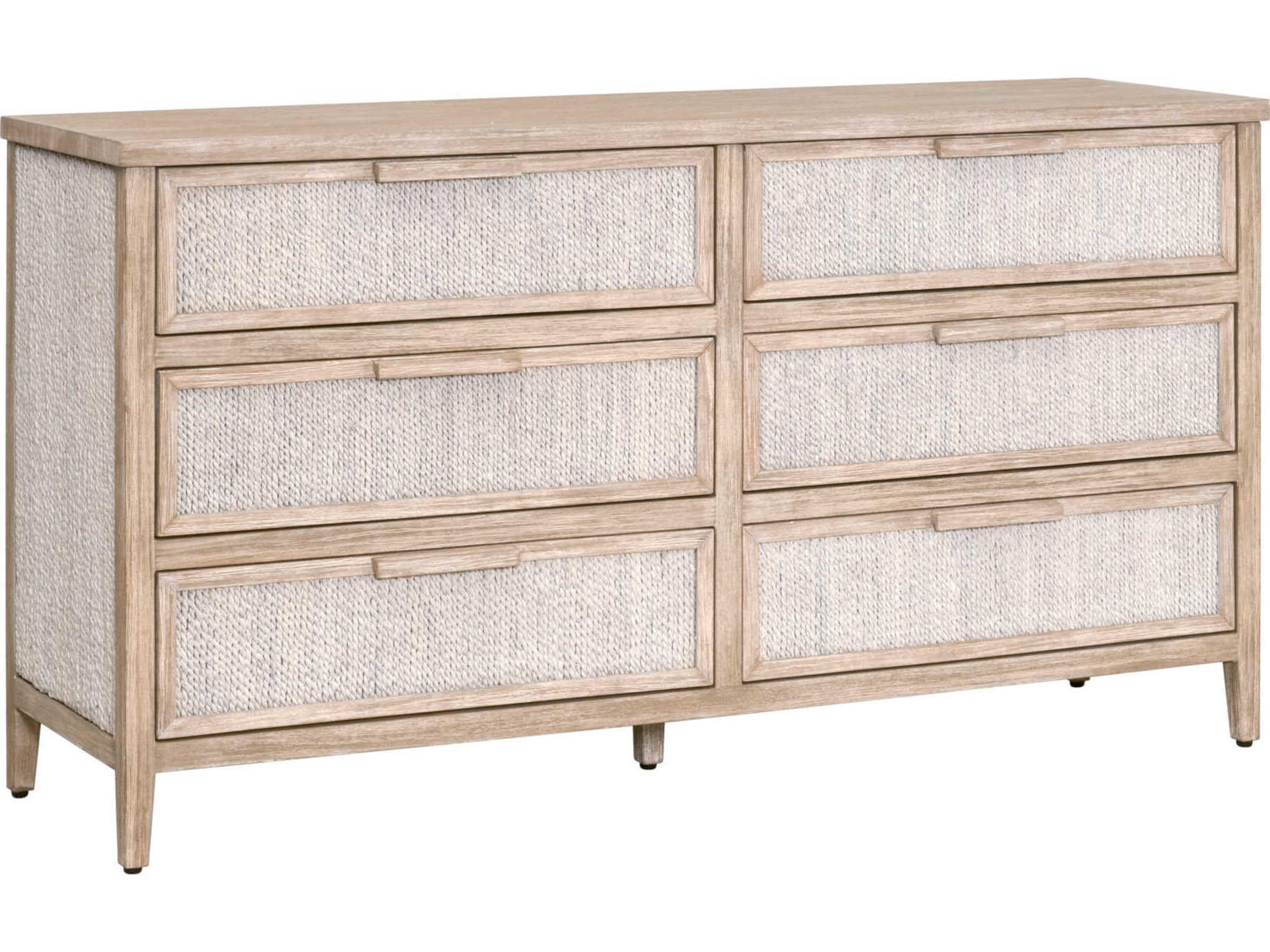 Malay 6-Drawer Double Dresser in White Wash Abaca Rope with Natural Gray Mahogany