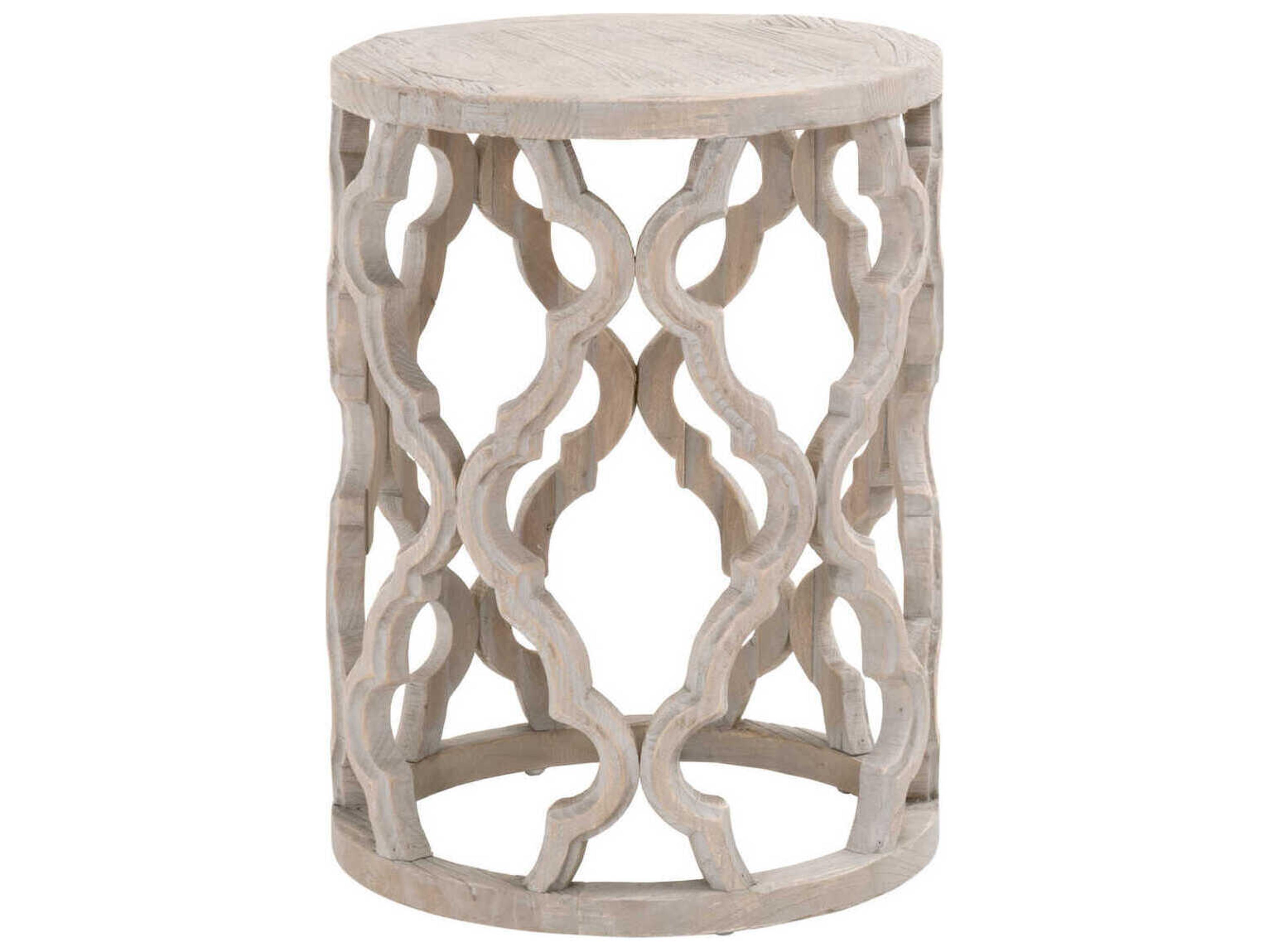 Bella Antique Clover Round Wood Smoke Gray End Table