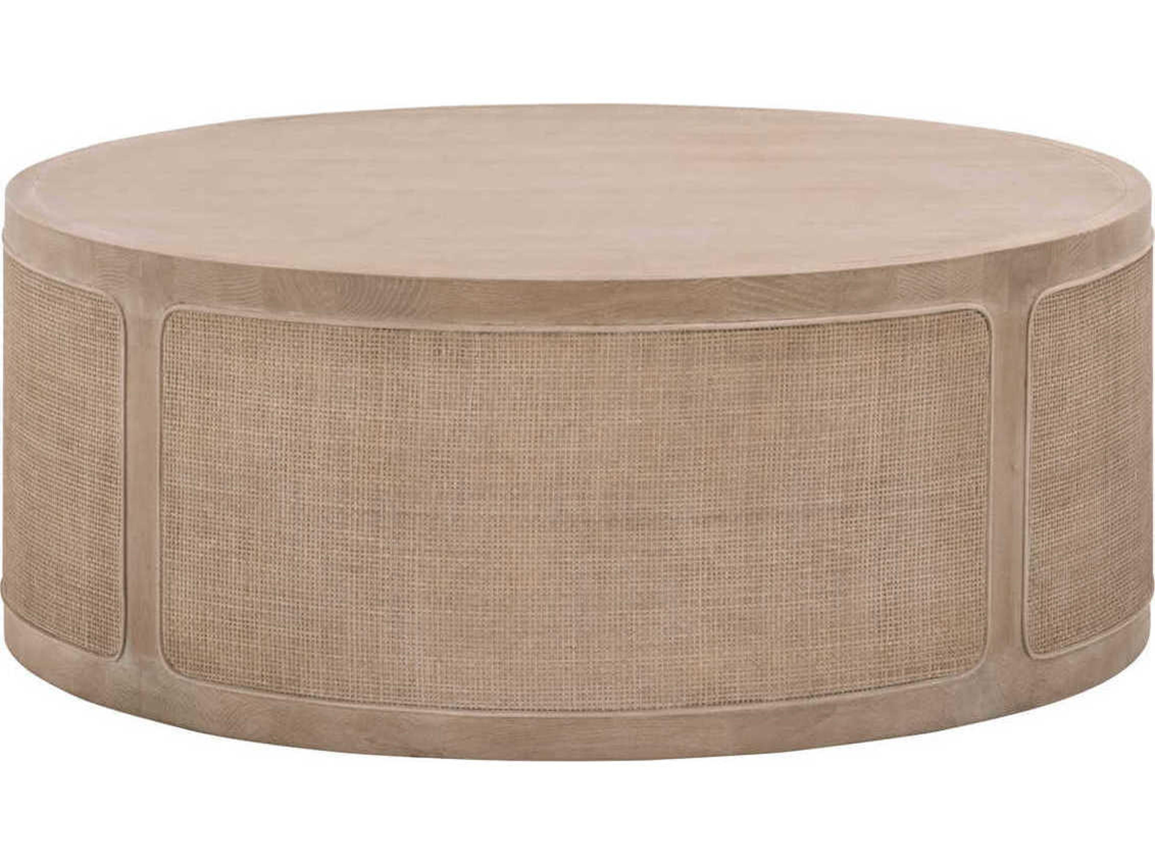 Bella Antique Cane Round Wood Smoke Gray Oak Coffee Table