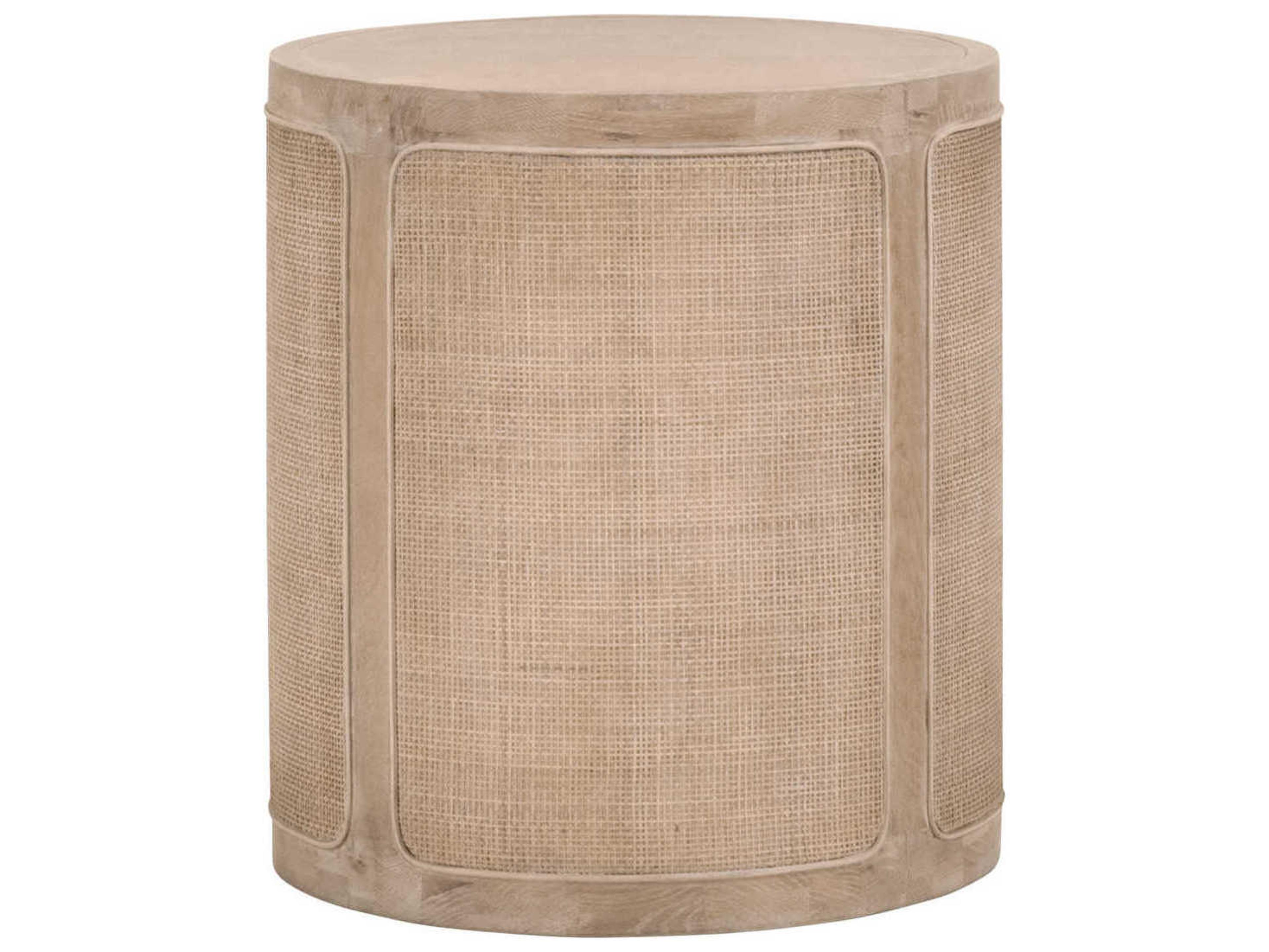 Bella Antique Cane Round Wood Smoke Gray Oak End Table