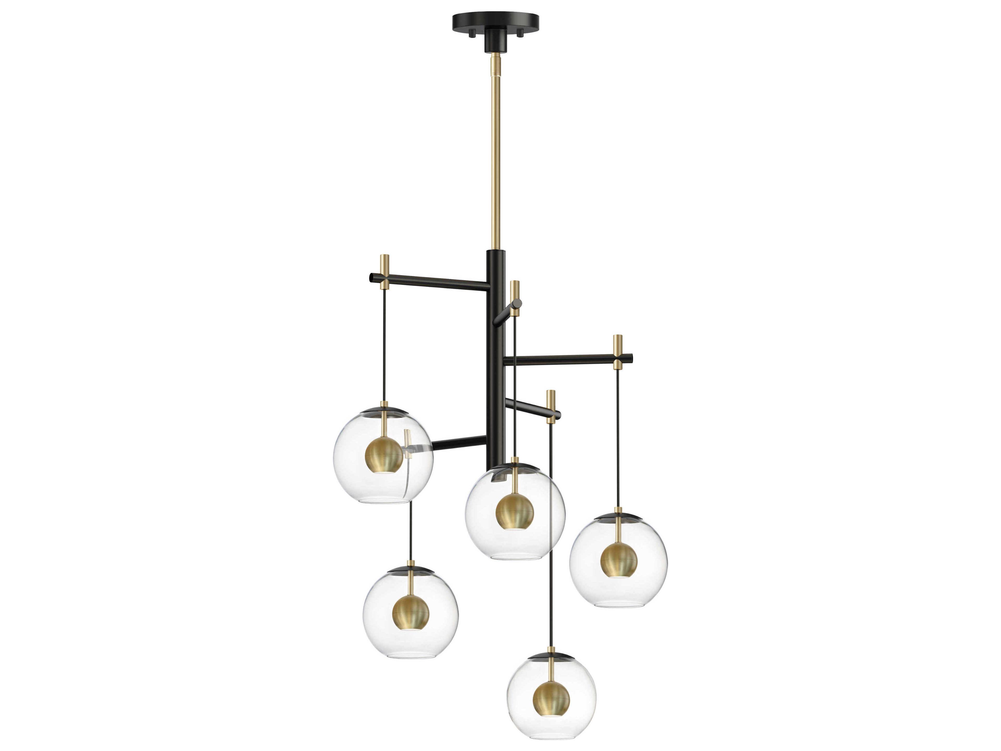 Nucleus 5-Light Black Natural Aged Brass Glass LED Globe Linear Pendant