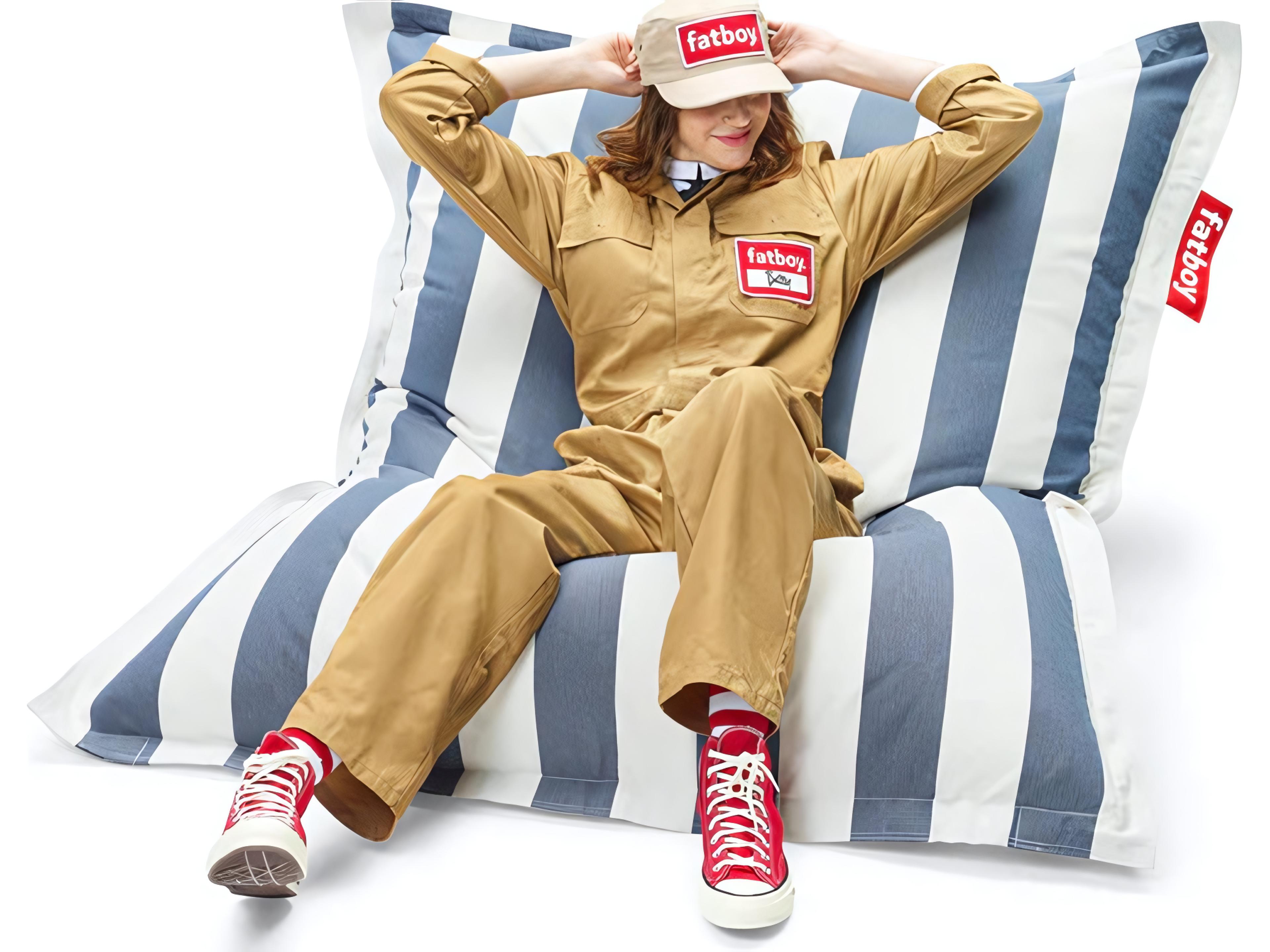 Fatboy Outdoor Original Slim Bean Bag Chair Rock 'n Roll Rocker Bundle in Stripe Ocean Blue