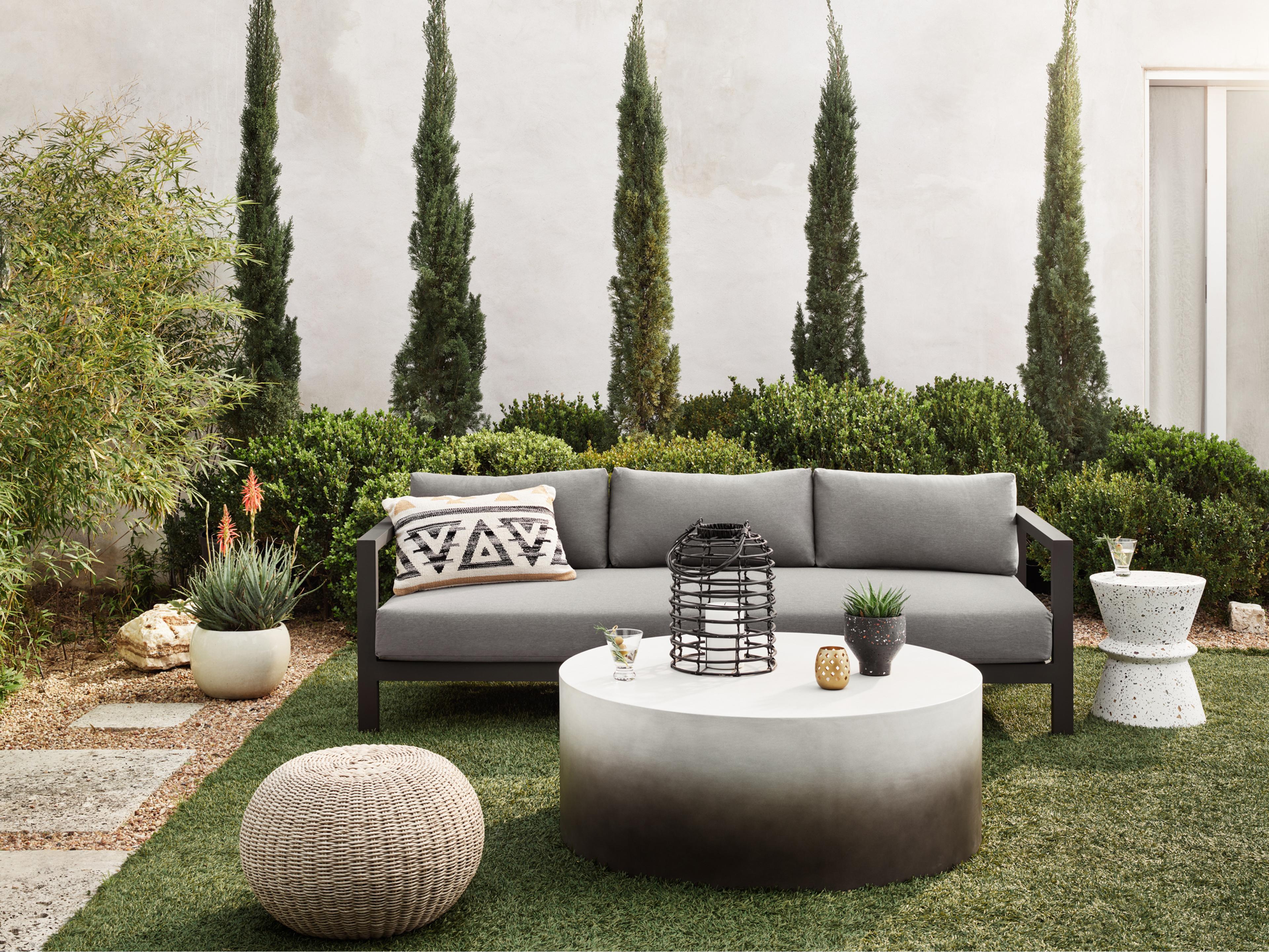 Four Hands Outdoor Solano Bronze / Ivory Strap Sofa with Charcoal Cushion