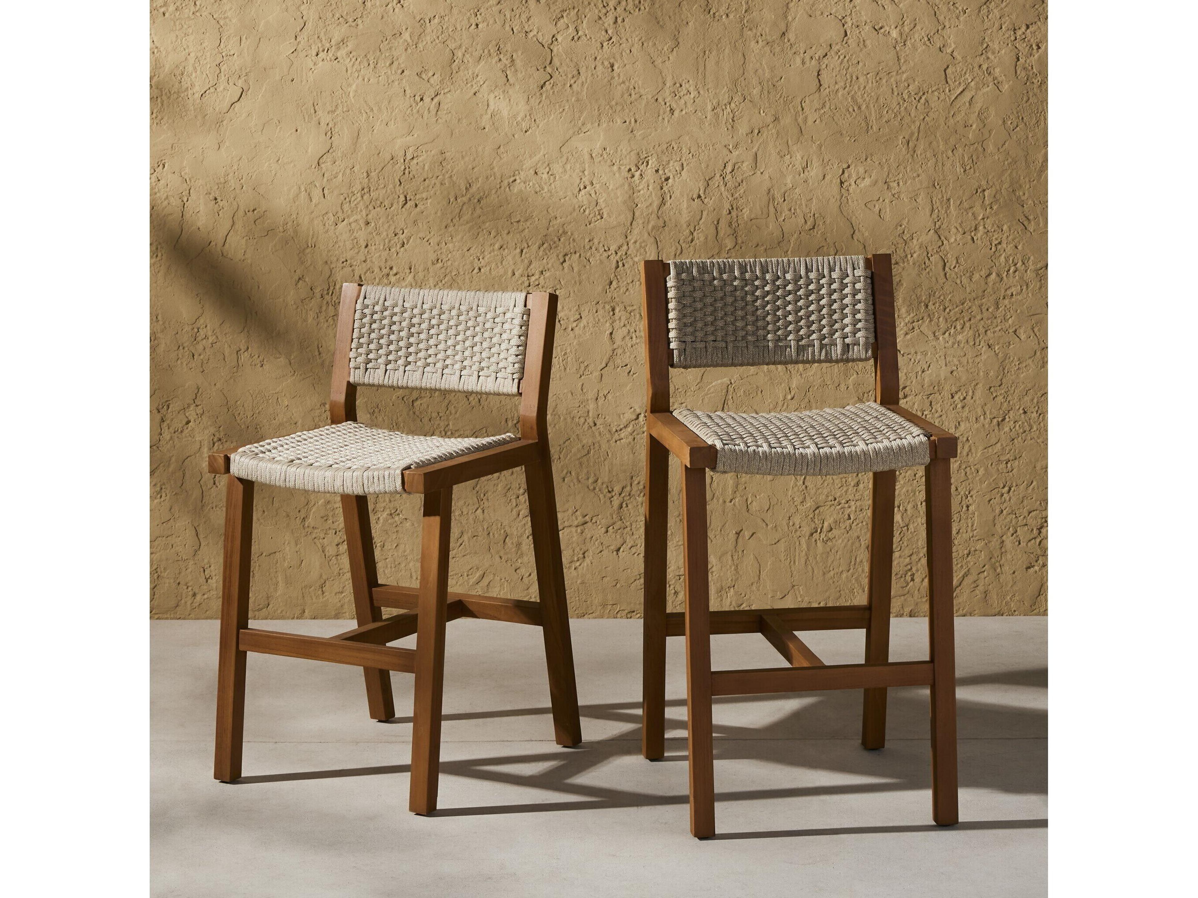 Four Hands Outdoor Solano Delano Natural Teak Rope Counter Stool in Ivory