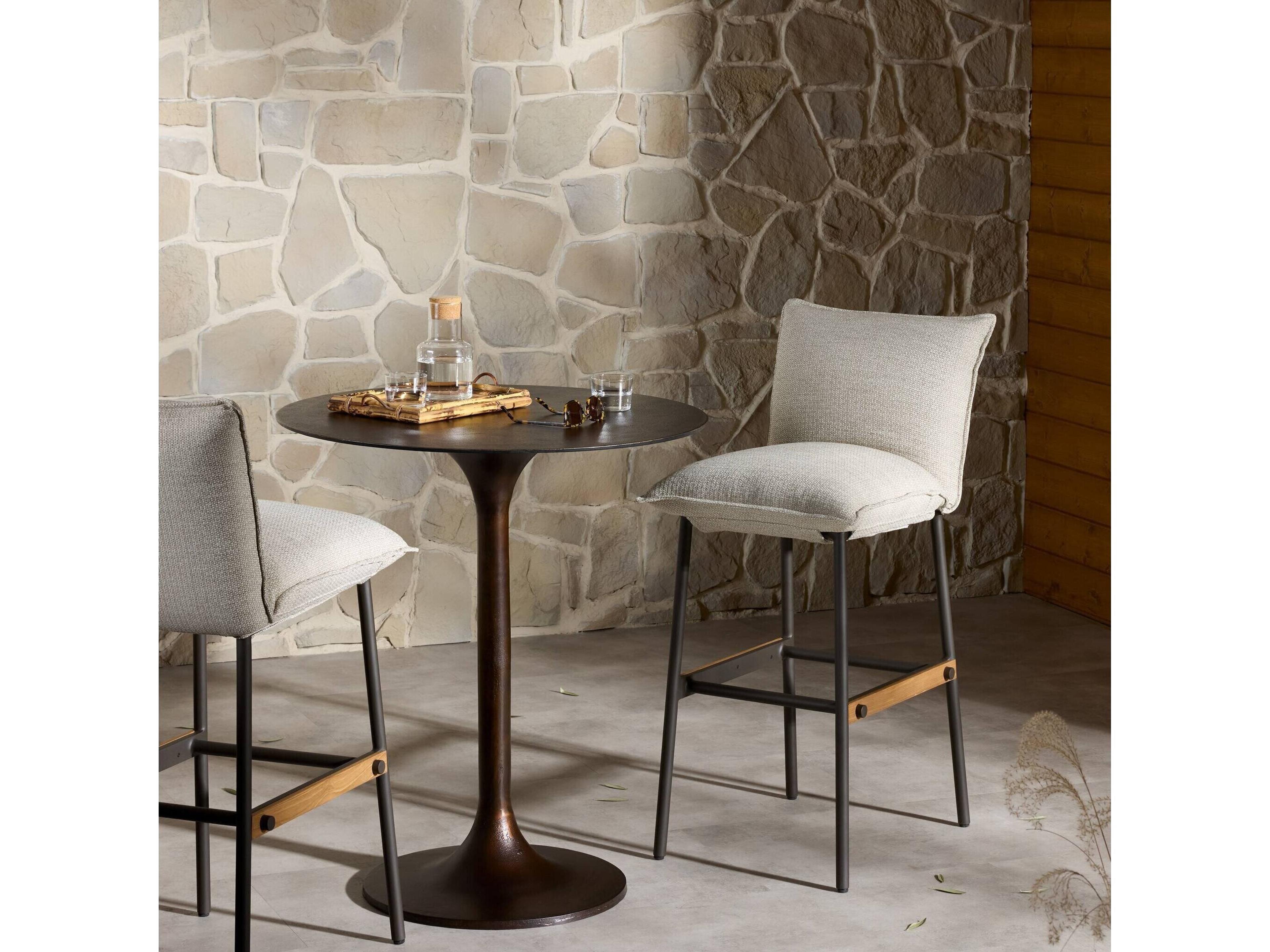 Four Hands Outdoor Solano Bronze Aluminum / Natural Teak Bar Stool with Faye Sand Cushion