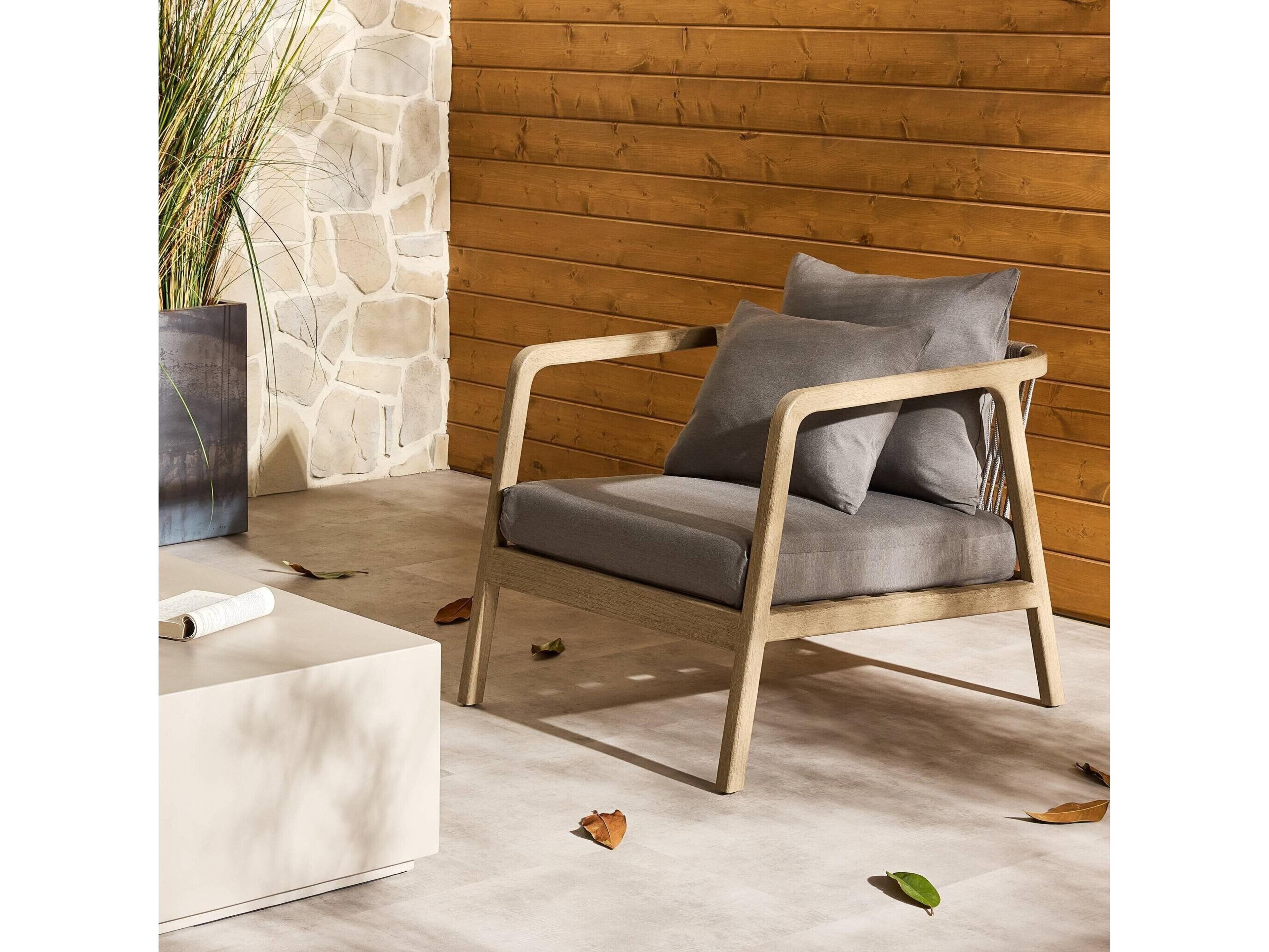 Four Hands Outdoor Solano Washed Brown Teak / Bronze / Dark Grey Rope Lounge Chair with Charcoal Cushion