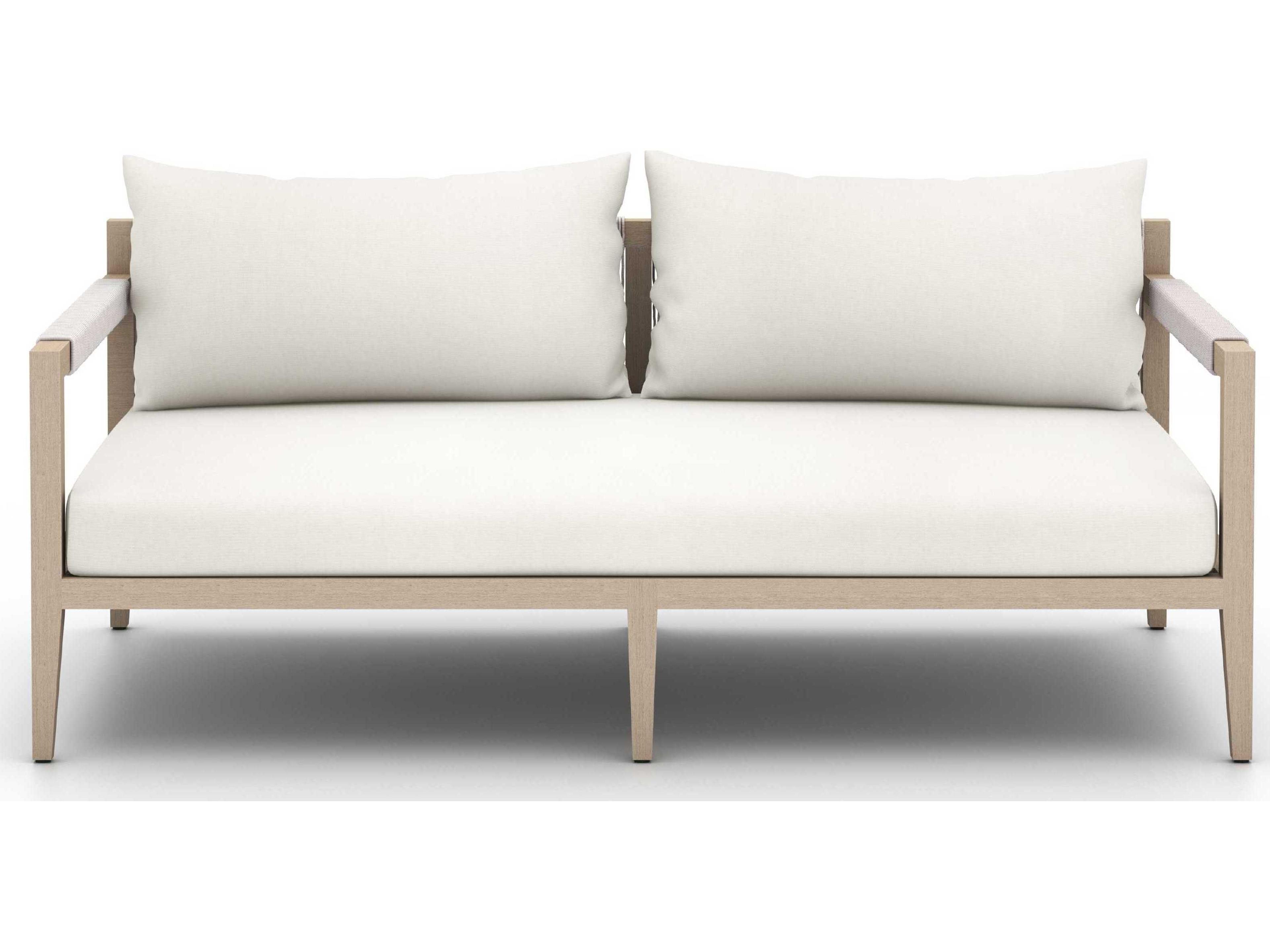 Four Hands Outdoor Solano Washed Brown Teak / Grey Rope Loveseat with Natural Ivory Cushion