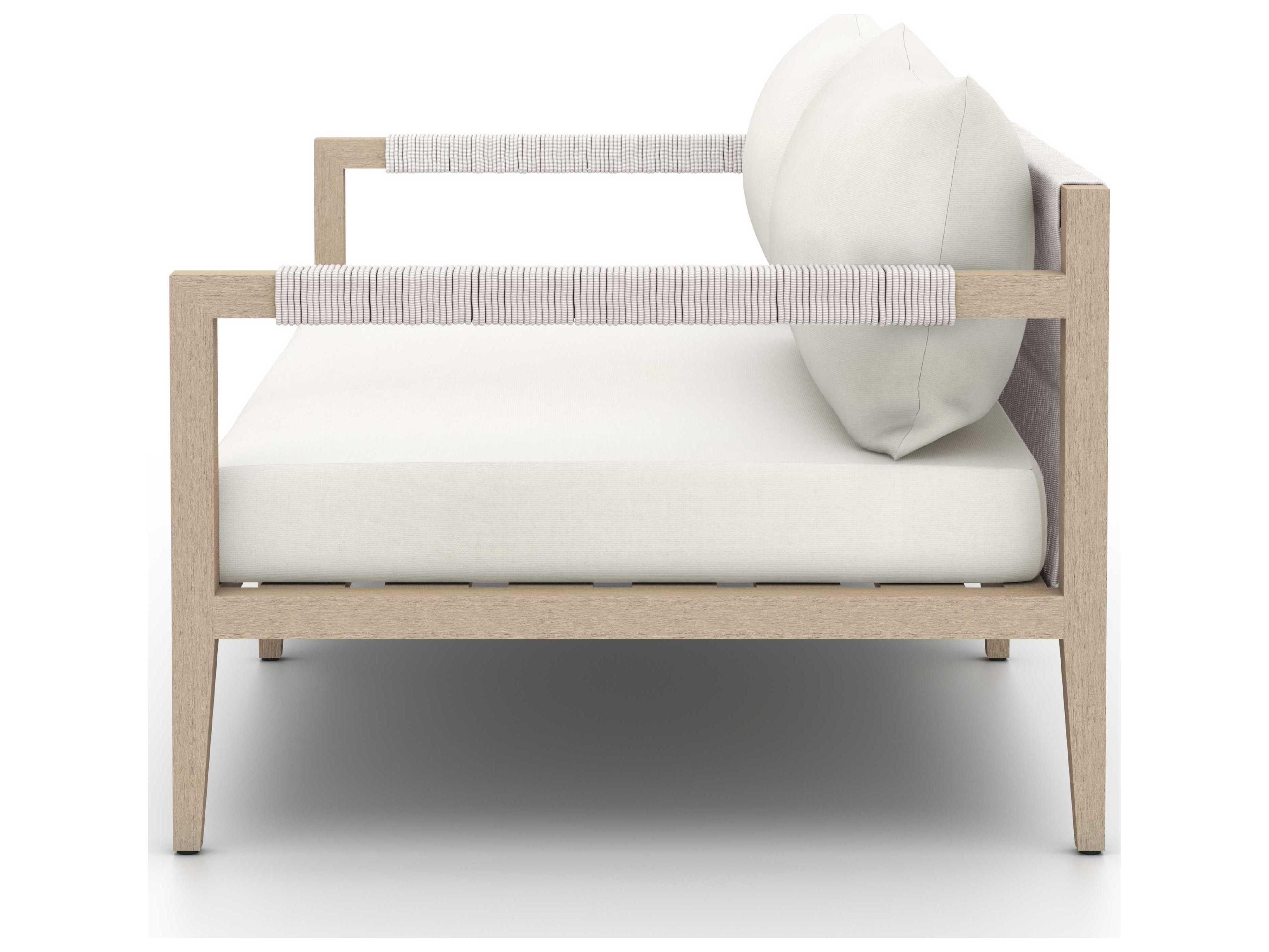 Four Hands Outdoor Solano Washed Brown Teak / Grey Rope Loveseat with Natural Ivory Cushion