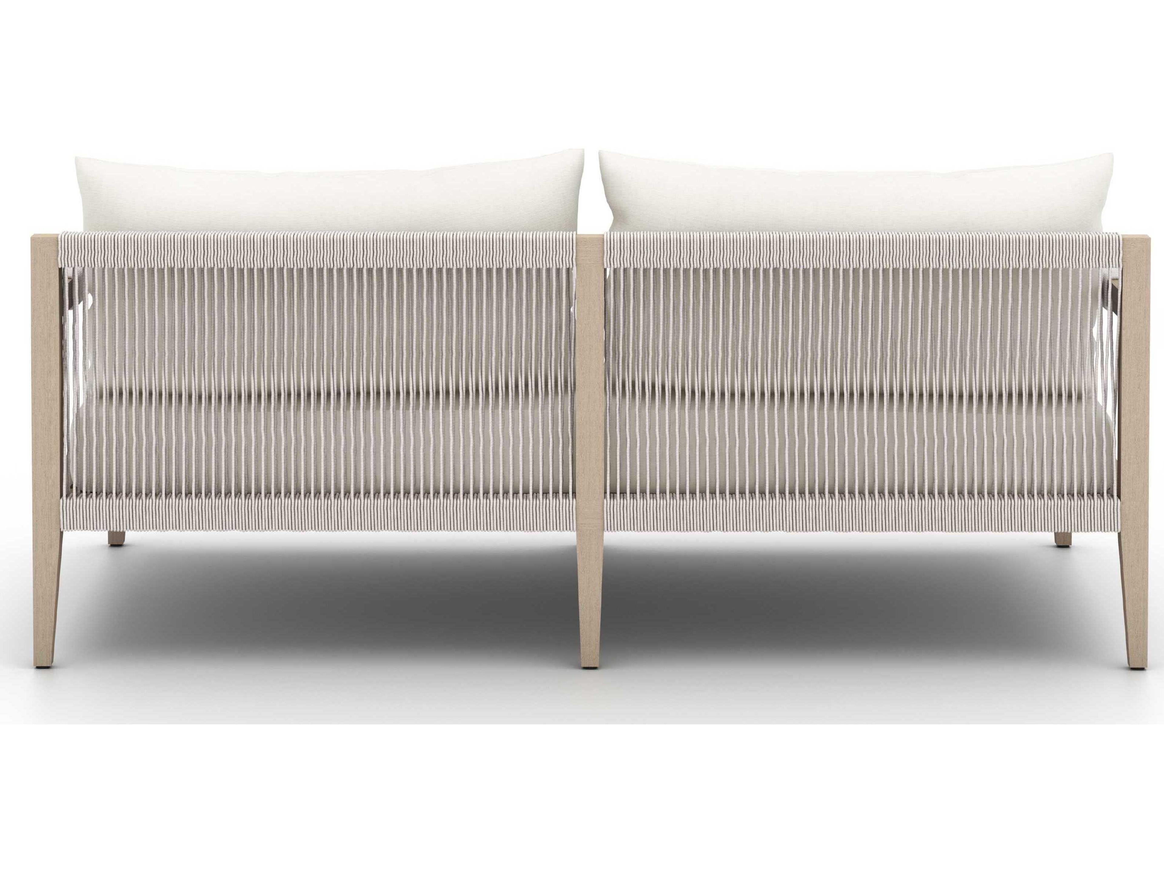 Four Hands Outdoor Solano Washed Brown Teak / Grey Rope Loveseat with Natural Ivory Cushion