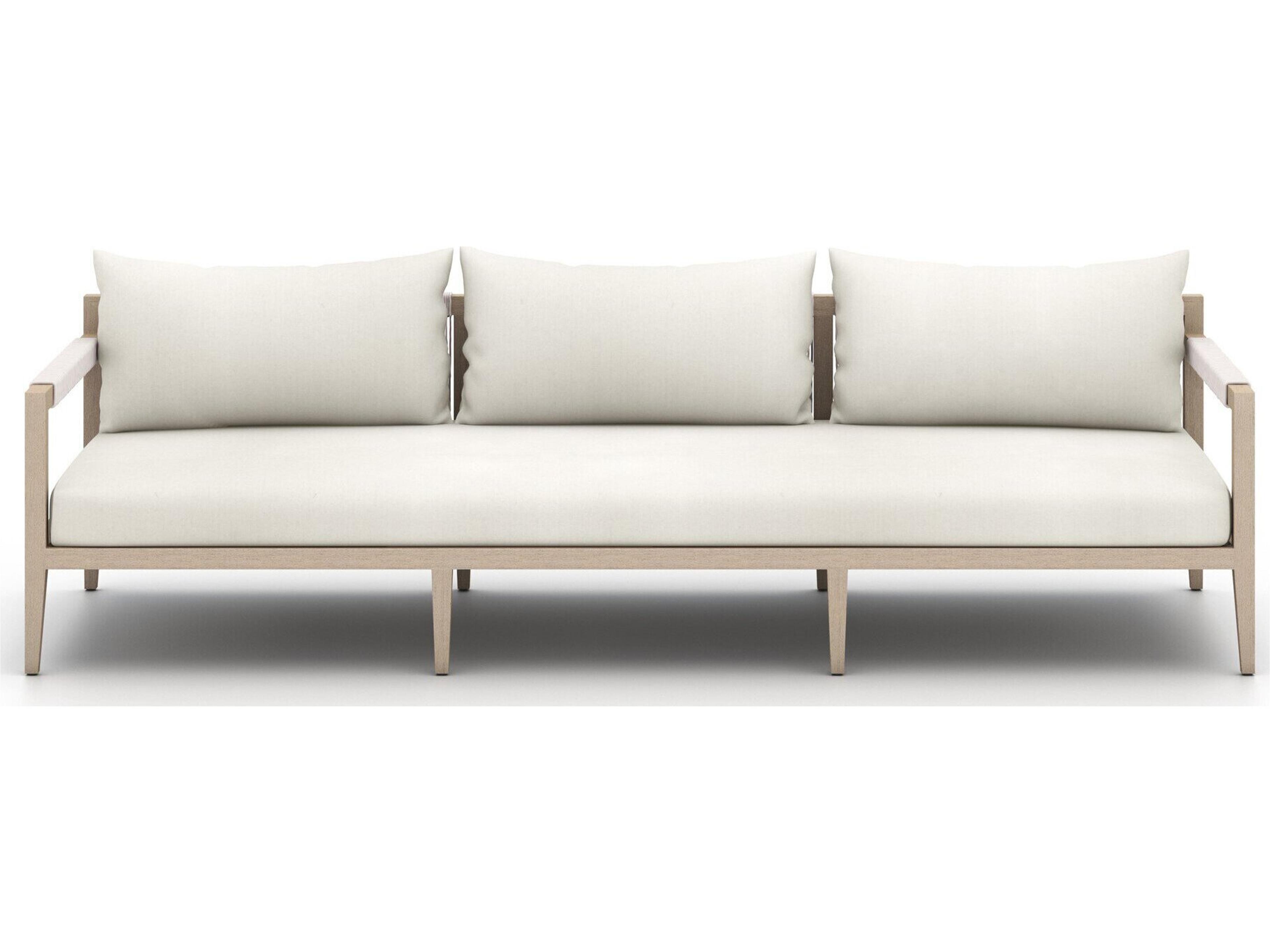 Four Hands Outdoor Solano Washed Brown Teak / Grey Rope Sofa with Natural Ivory Cushion