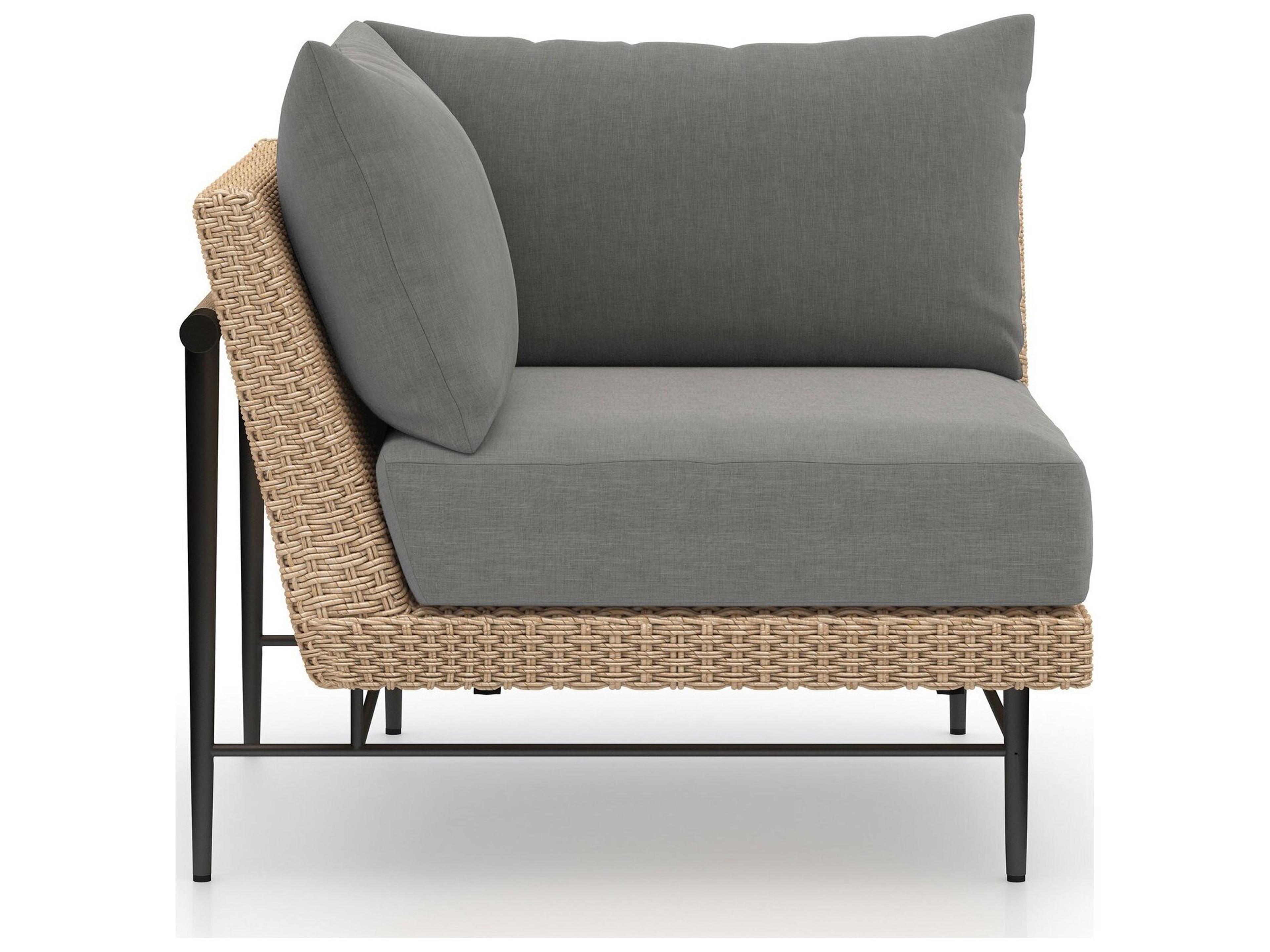 Four Hands Outdoor Solano Natural Hyacinth / Washed Brown Bronze Aluminum Resin Teak Corner Lounge Chair with Charcoal Cushion