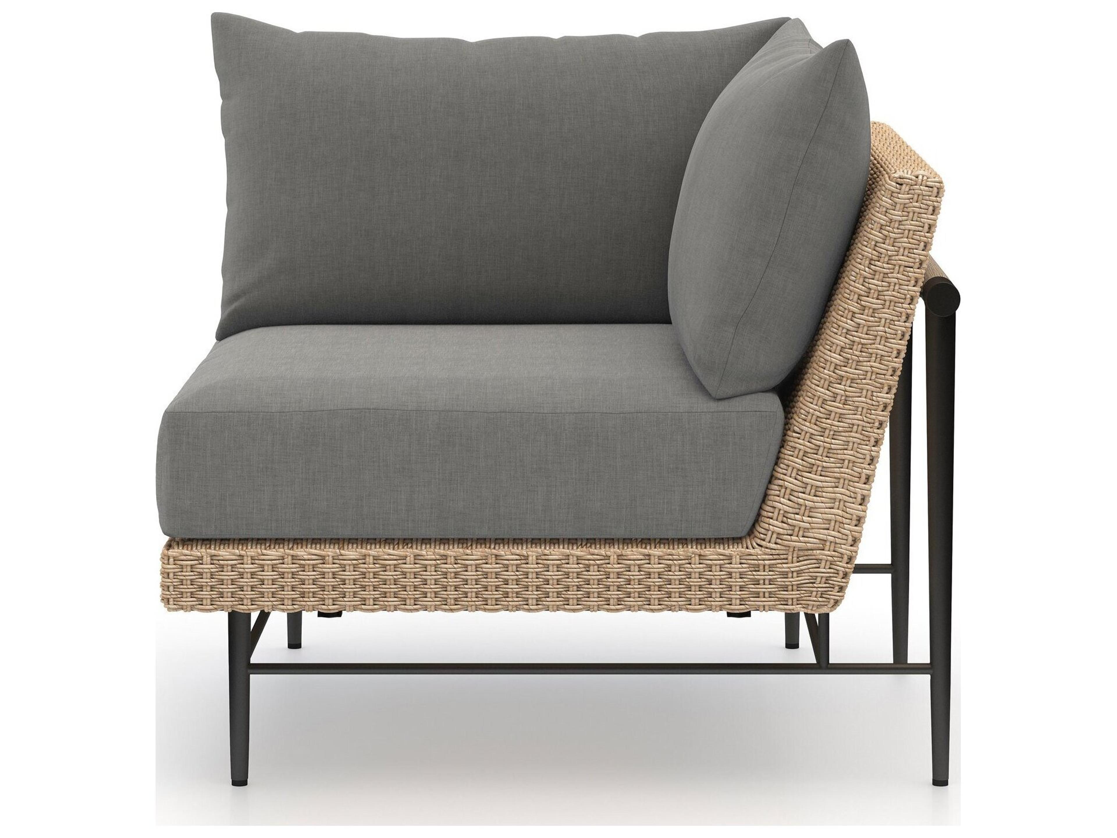 Four Hands Outdoor Solano Natural Hyacinth / Washed Brown Bronze Aluminum Resin Teak Corner Lounge Chair with Charcoal Cushion