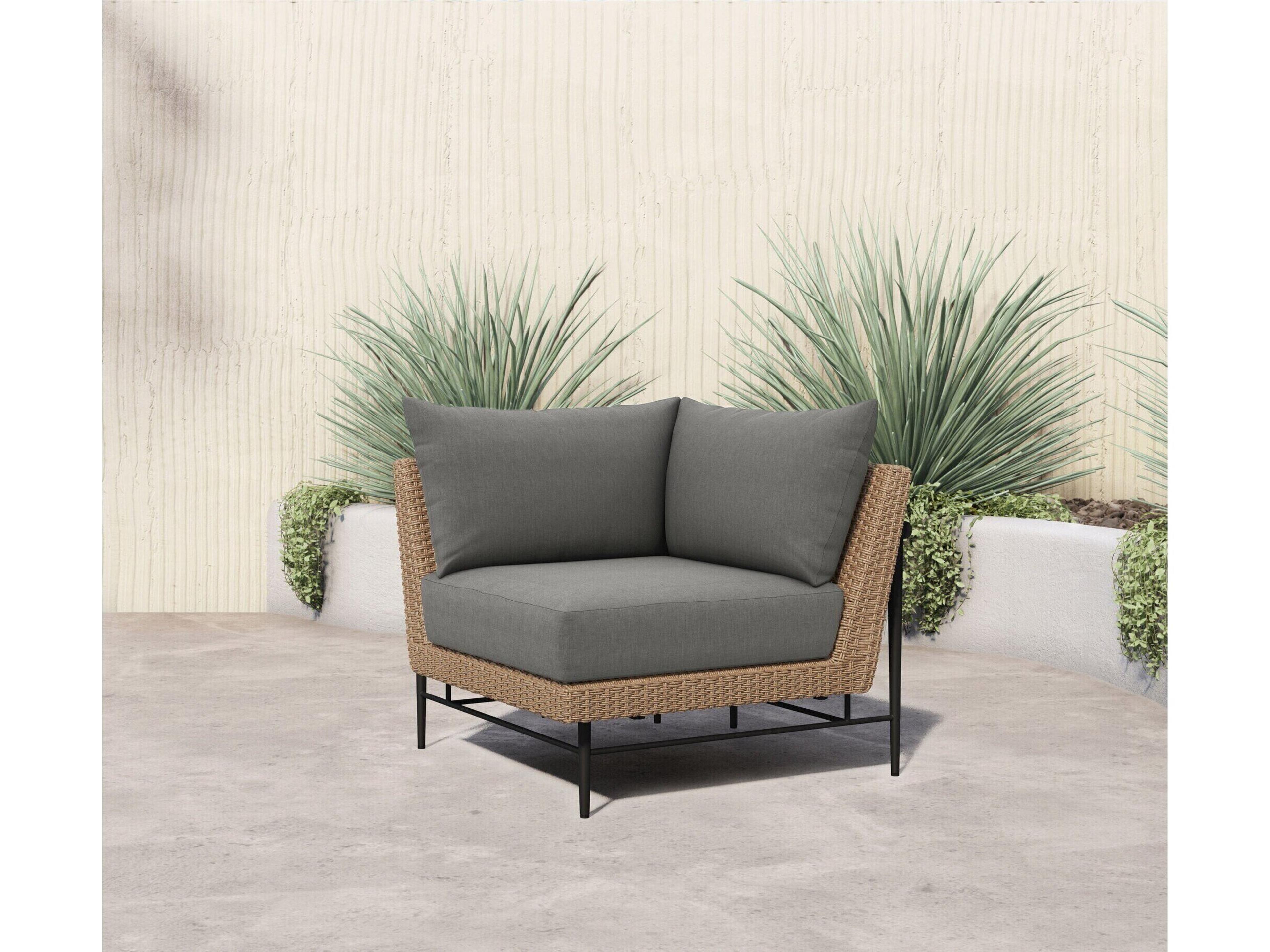 Four Hands Outdoor Solano Natural Hyacinth / Washed Brown Bronze Aluminum Resin Teak Corner Lounge Chair with Charcoal Cushion