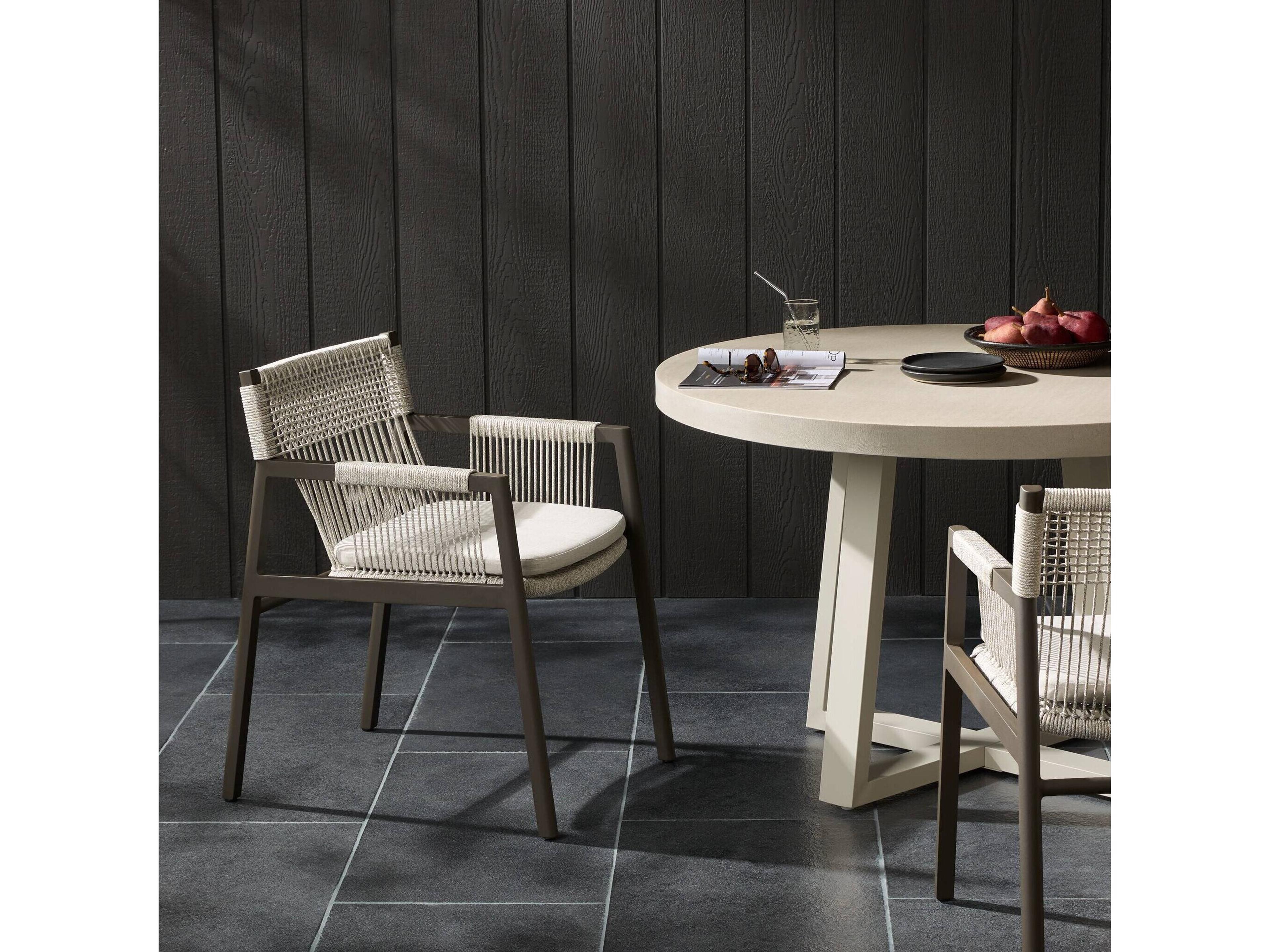 Four Hands Outdoor Solano Bronze Aluminum / Heathered Grey Rope Dining Chair with Stone Grey Cushion