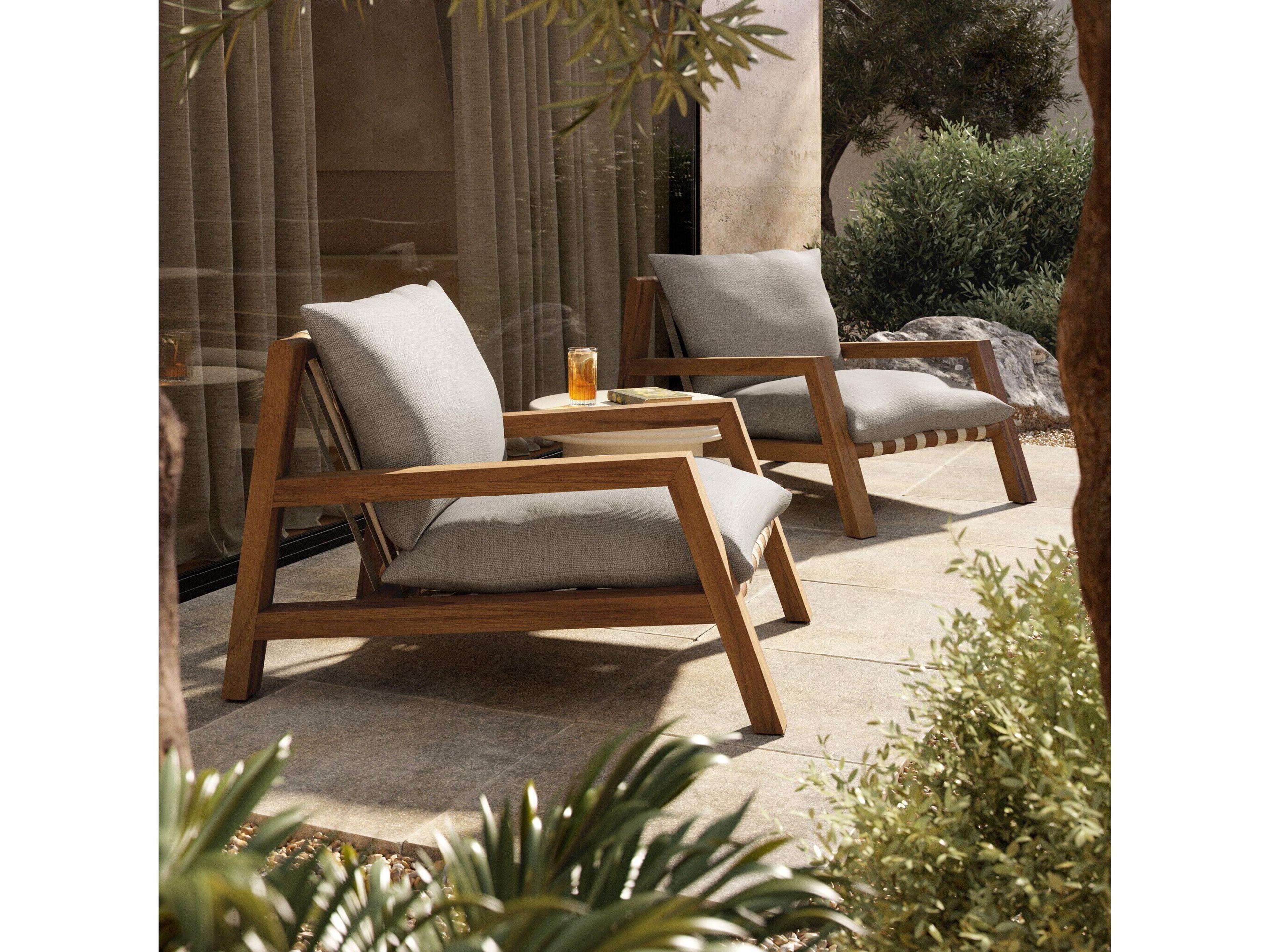 Luxecor Globetrotter Outdoor Natural Teak / Ivory Strap Lounge Chair with Stone Grey Cushion