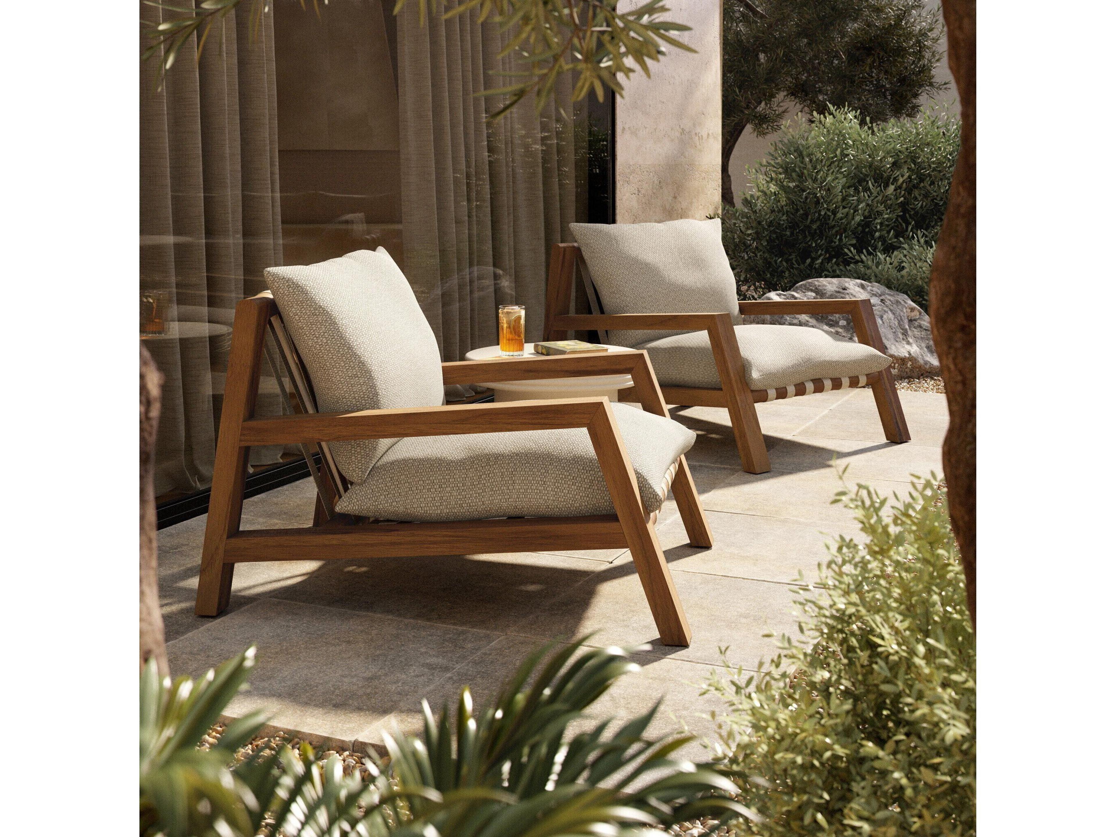 Luxecor Globetrotter Outdoor Natural Teak / Ivory Strap Lounge Chair with Faye Sand Cushion